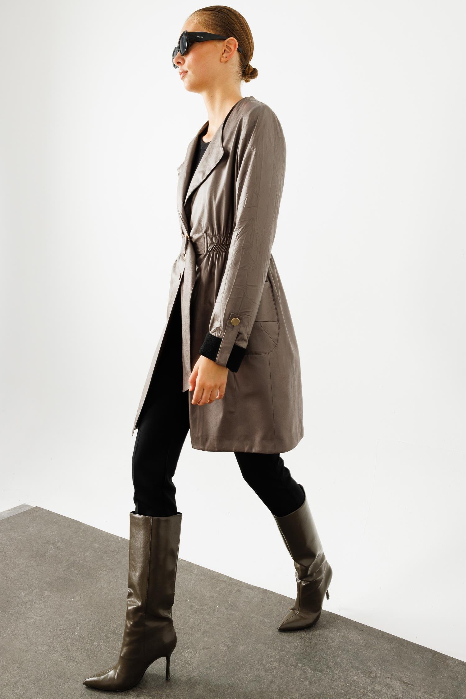 Modailgi  Beli Lastik ve Kuşak Detaylı Torba Cepli Şal Yaka Trenç Gri