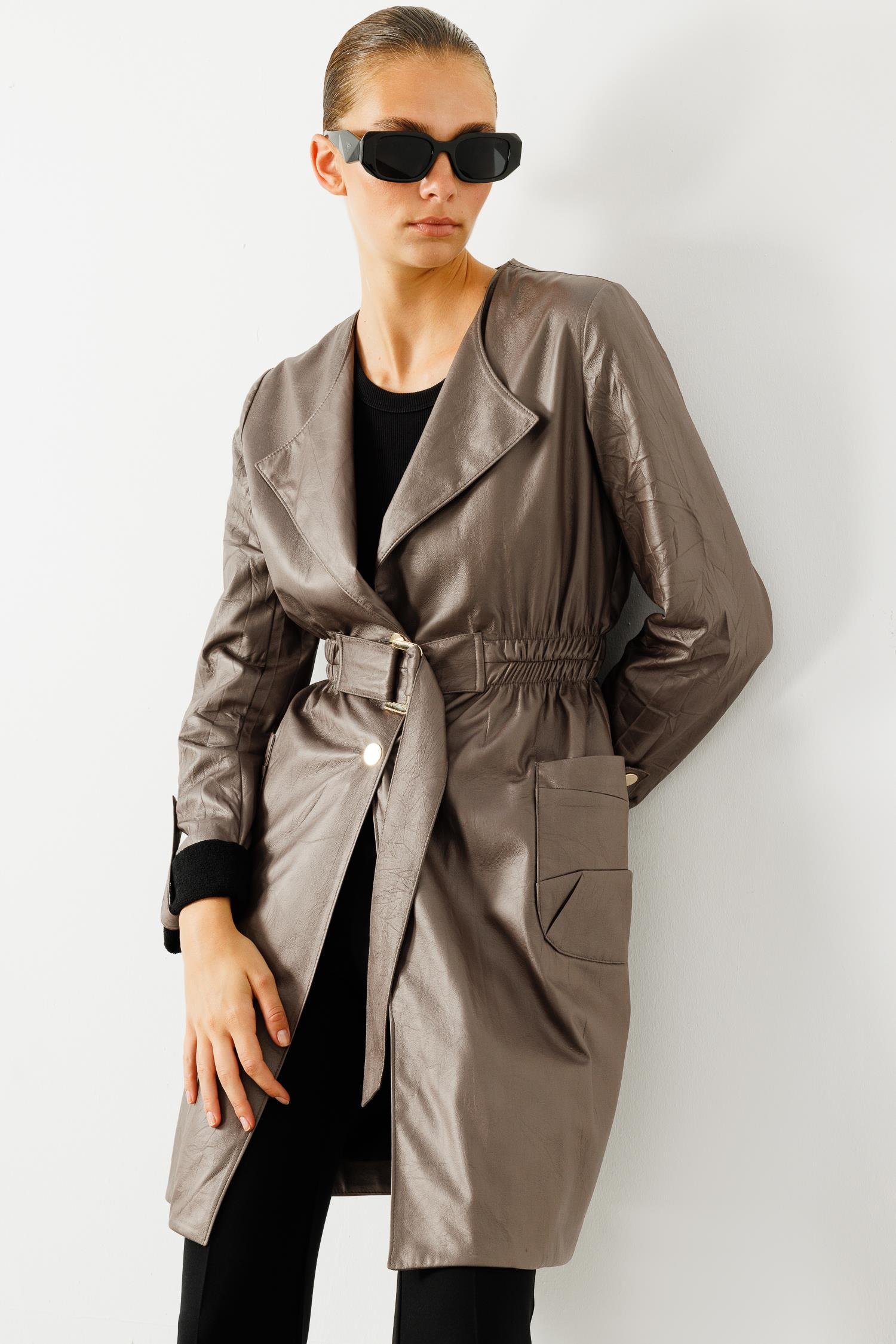 Modailgi  Beli Lastik ve Kuşak Detaylı Torba Cepli Şal Yaka Trenç Gri