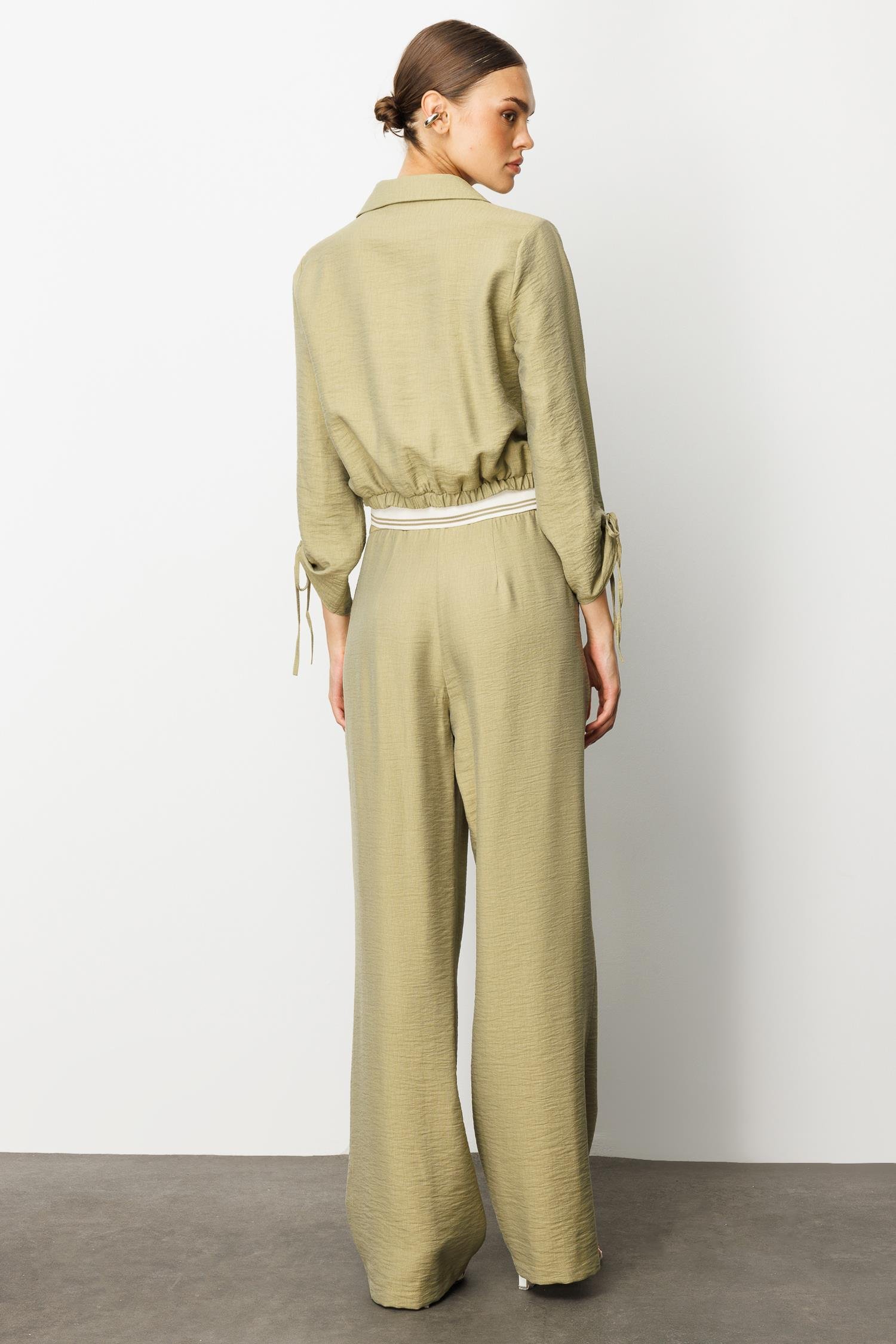 Modailgi  Beli Lastik ve Ribana Detaylı Bol Paça Pileli Yandan Cepli Yüksek Bel Pantolon - 10037 Yağ Yeşili