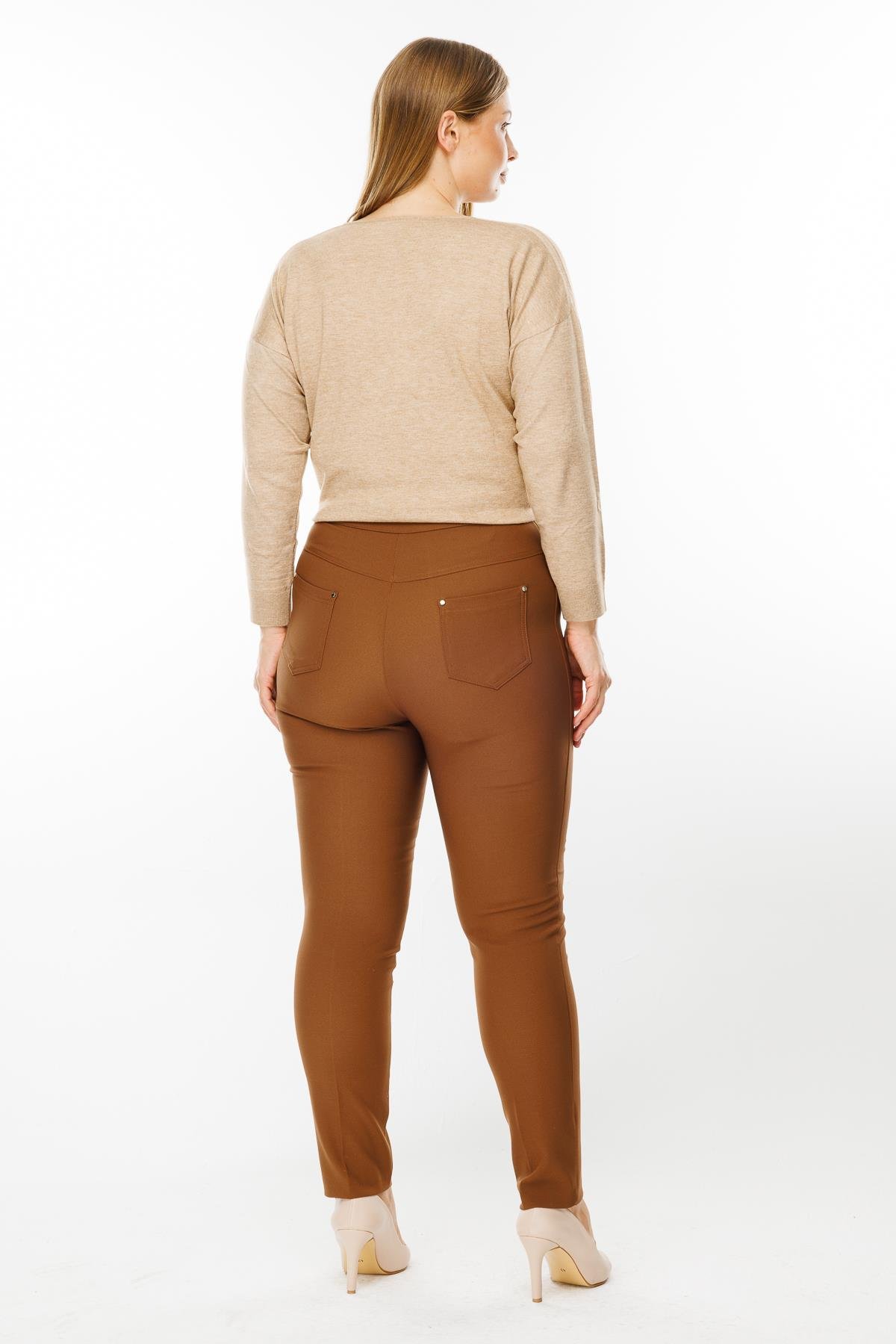 Modailgi  Bel Kemeri Lastikli Beş Cep Dar Paça Pantolon Taba