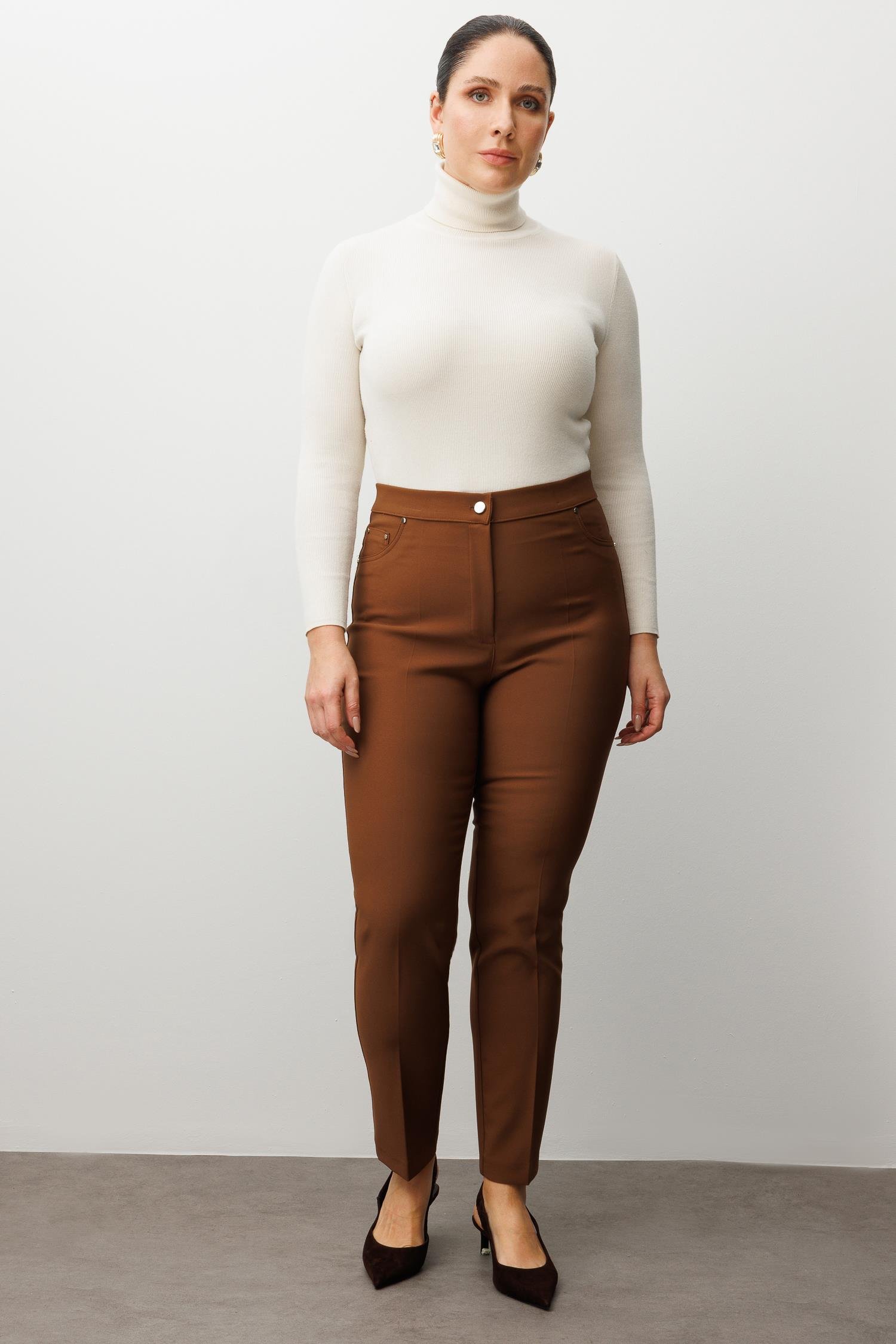 Modailgi  Beli Lastikli Beş Cep Dar Paça Pantolon Taba