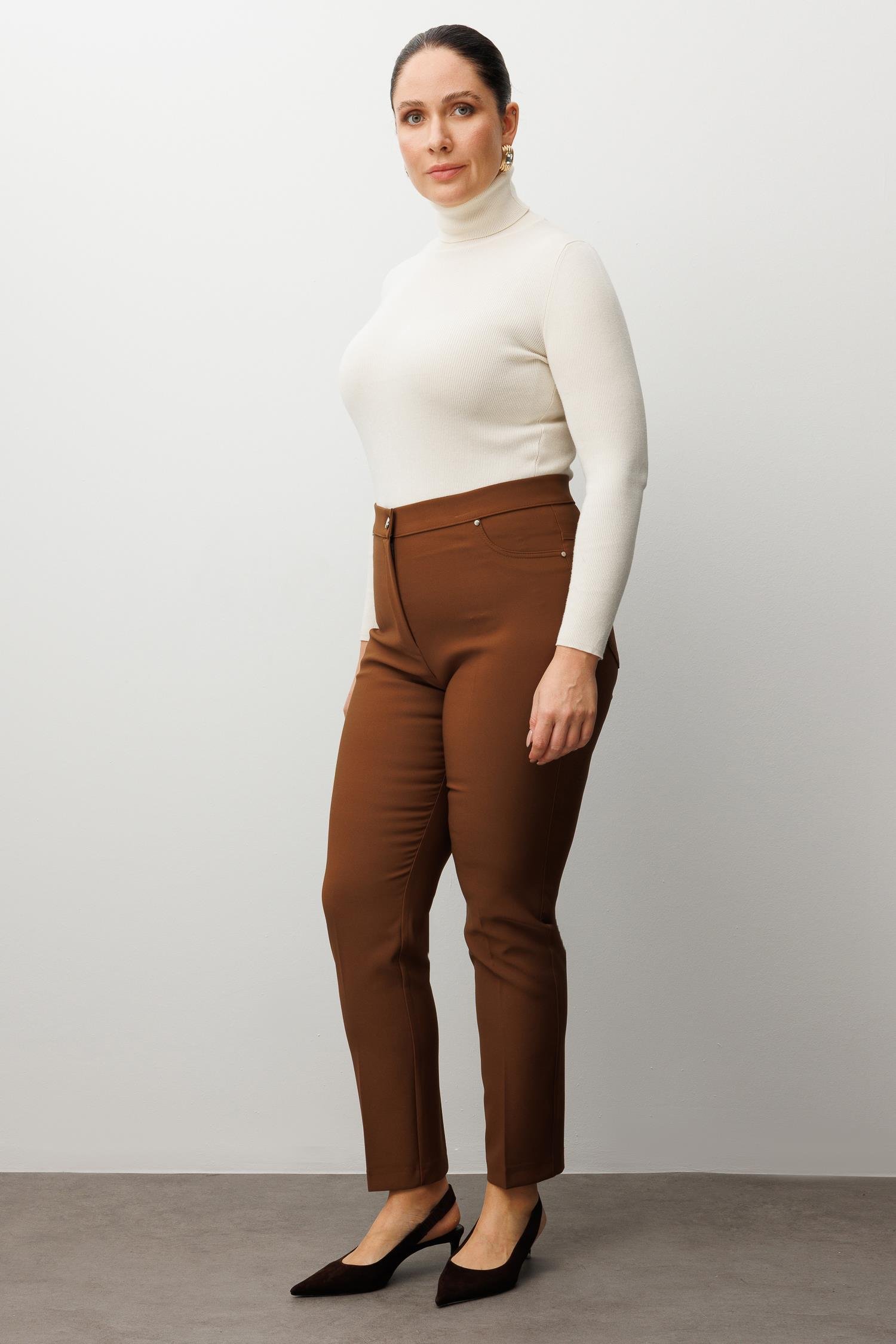 Modailgi  Beli Lastikli Beş Cep Dar Paça Pantolon Taba