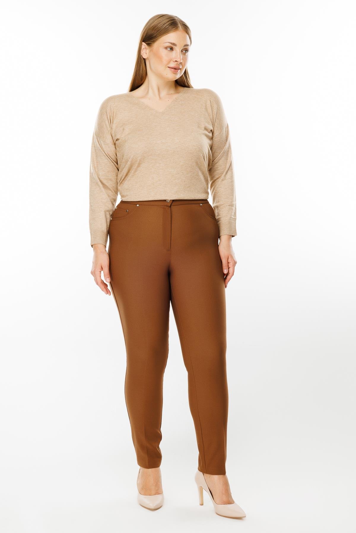 Modailgi  Bel Kemeri Lastikli Beş Cep Dar Paça Pantolon Taba