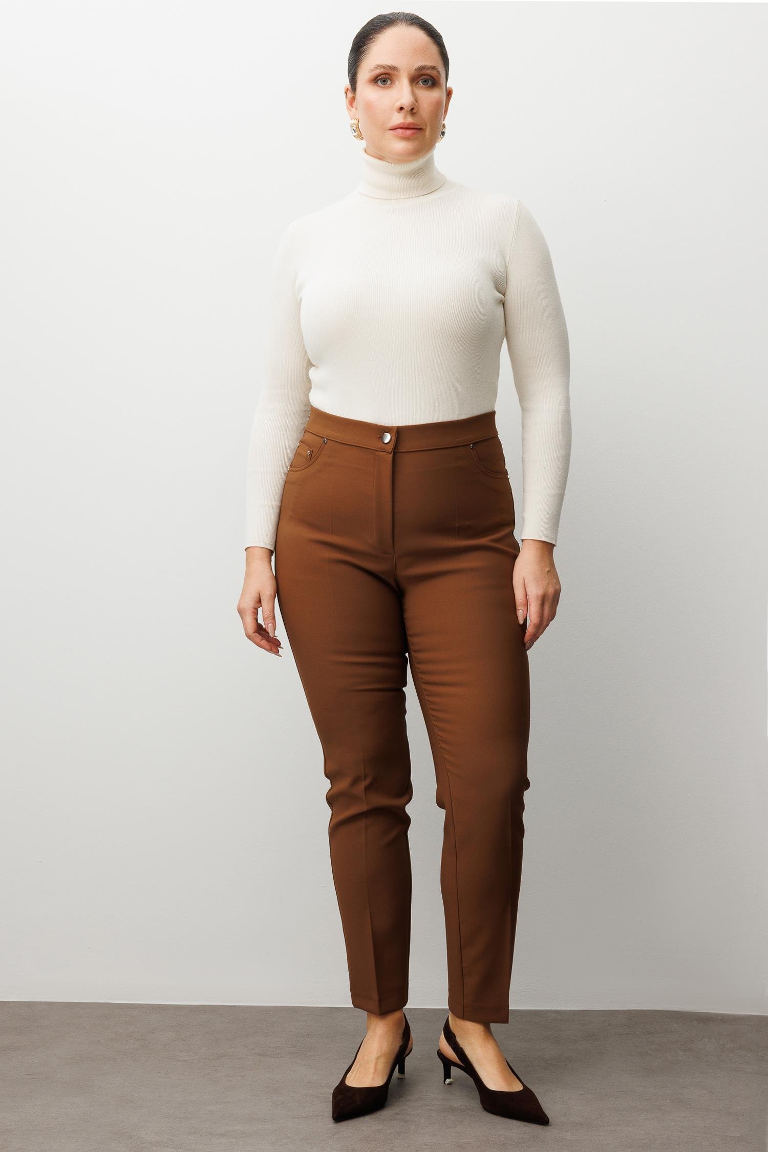 Modailgi  Beli Lastikli Beş Cep Dar Paça Pantolon Taba