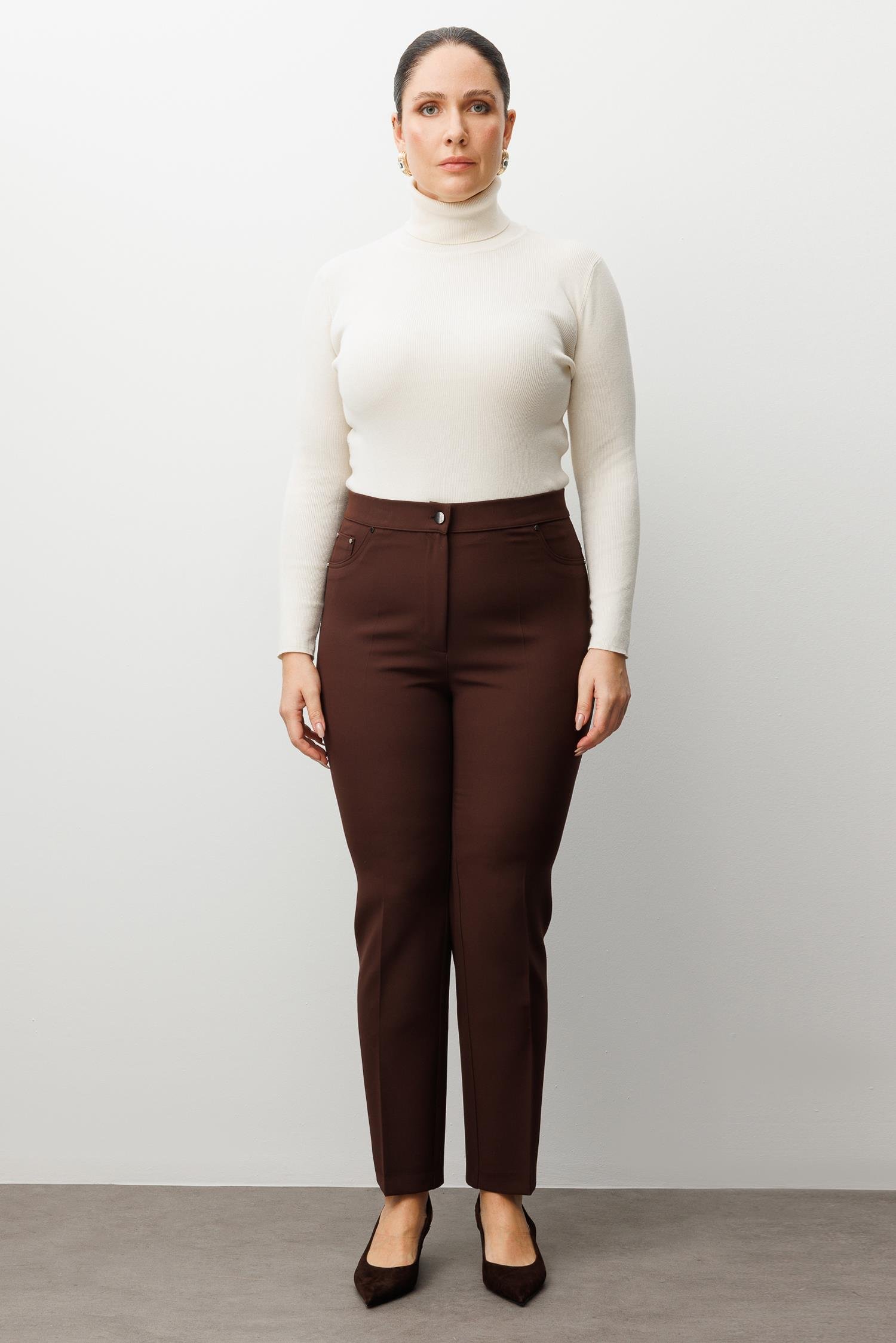 Modailgi  Beli Lastikli Beş Cep Dar Paça Pantolon Kahve