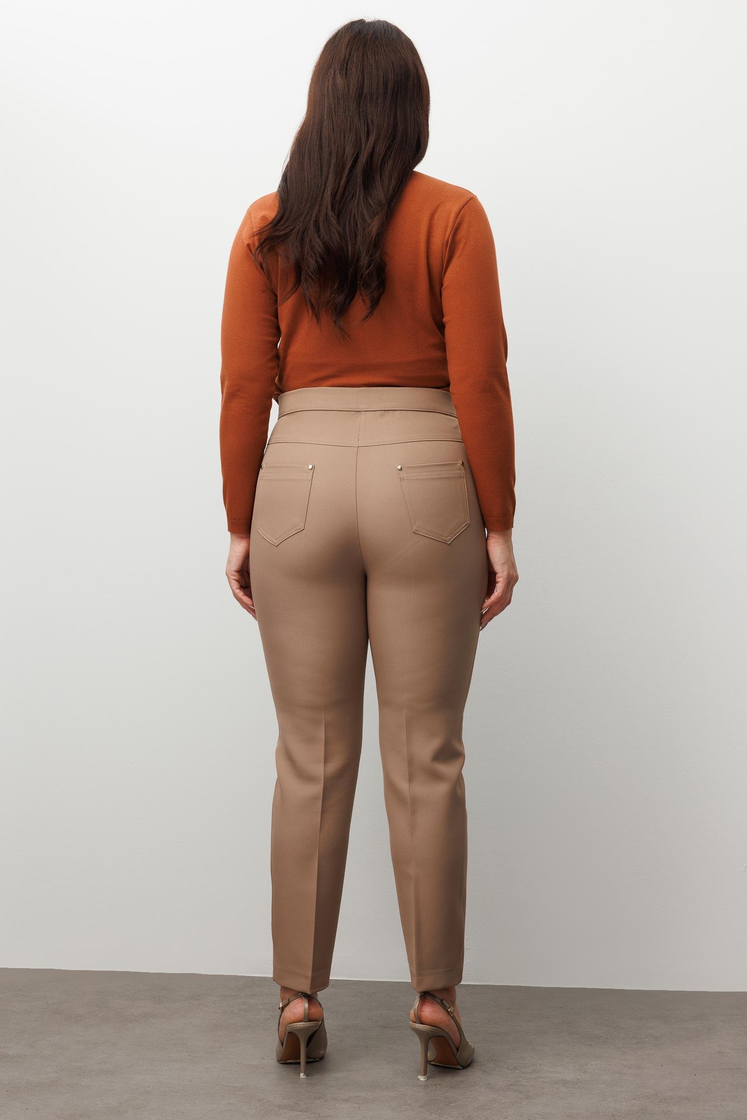 Modailgi  Beli Lastikli Beş Cep Dar Paça Pantolon Vizon