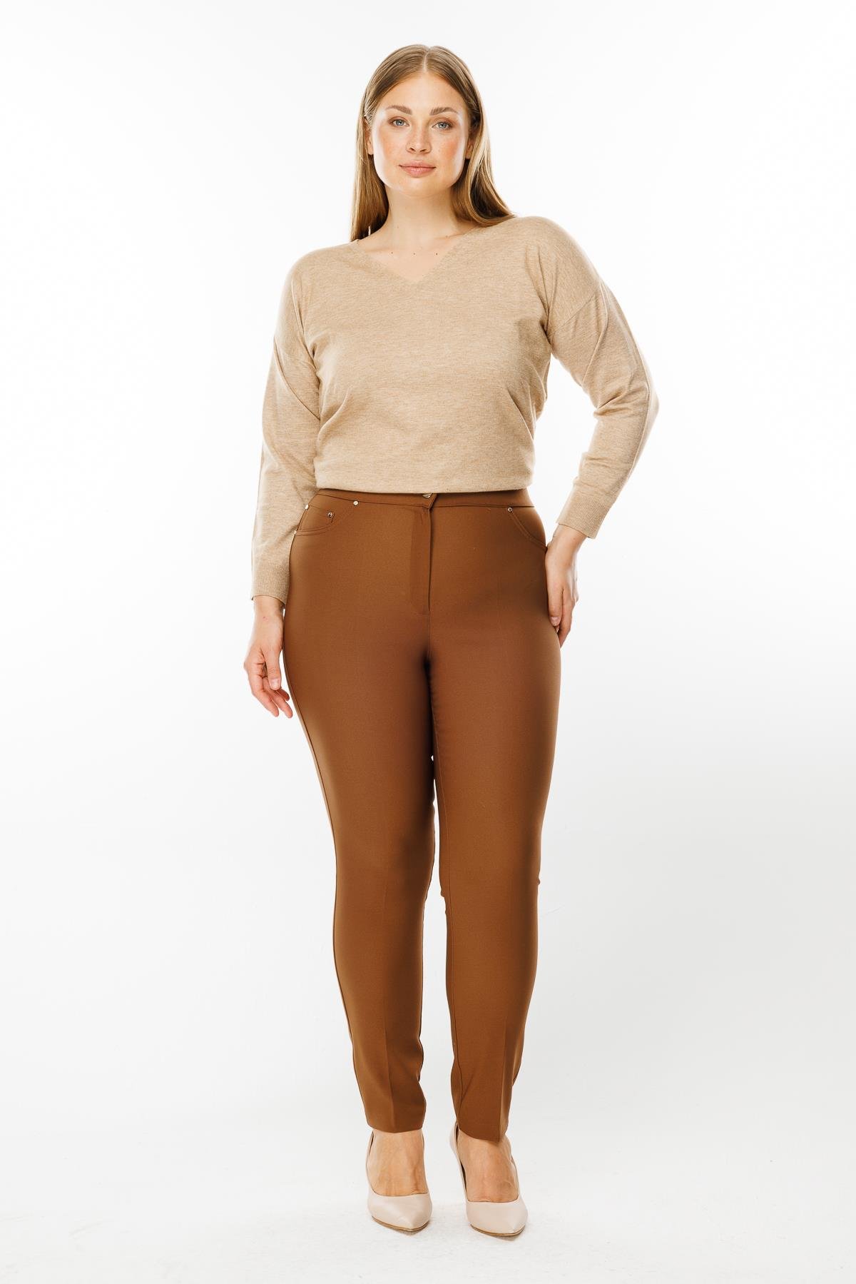 Modailgi  Bel Kemeri Lastikli Beş Cep Dar Paça Pantolon Taba