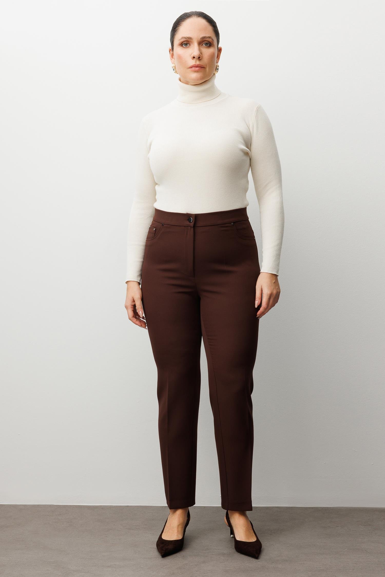 Modailgi  Beli Lastikli Beş Cep Dar Paça Pantolon Kahve