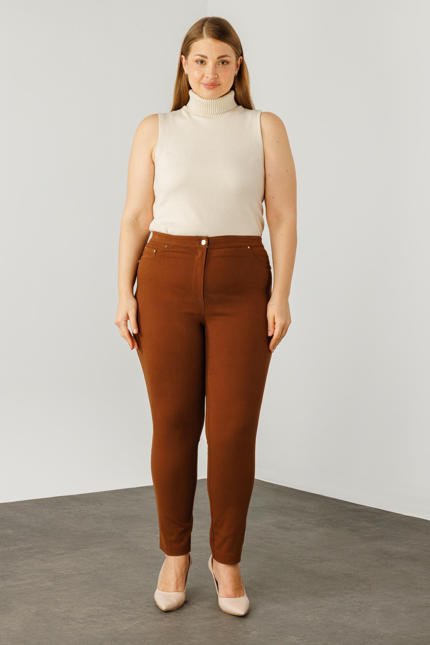 Modailgi  Beli Lastikli Beş Cep Kanvas Pantolon Taba