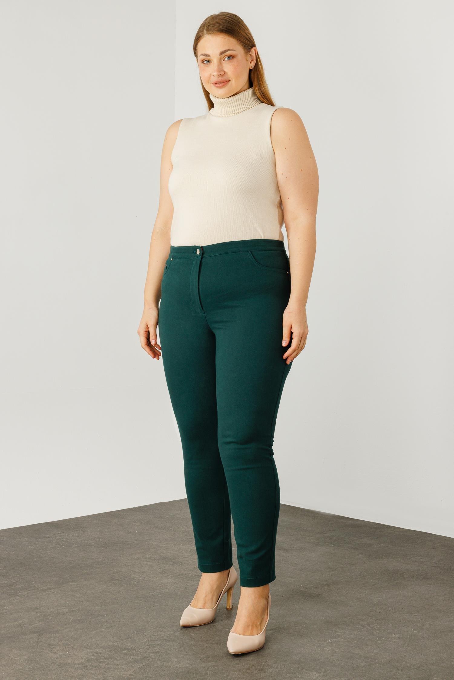 Modailgi  Beli Lastikli Beş Cep Kanvas Pantolon Zümrüt