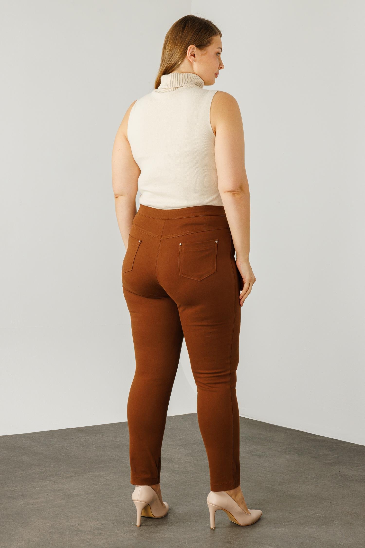 Modailgi  Beli Lastikli Beş Cep Kanvas Pantolon Taba