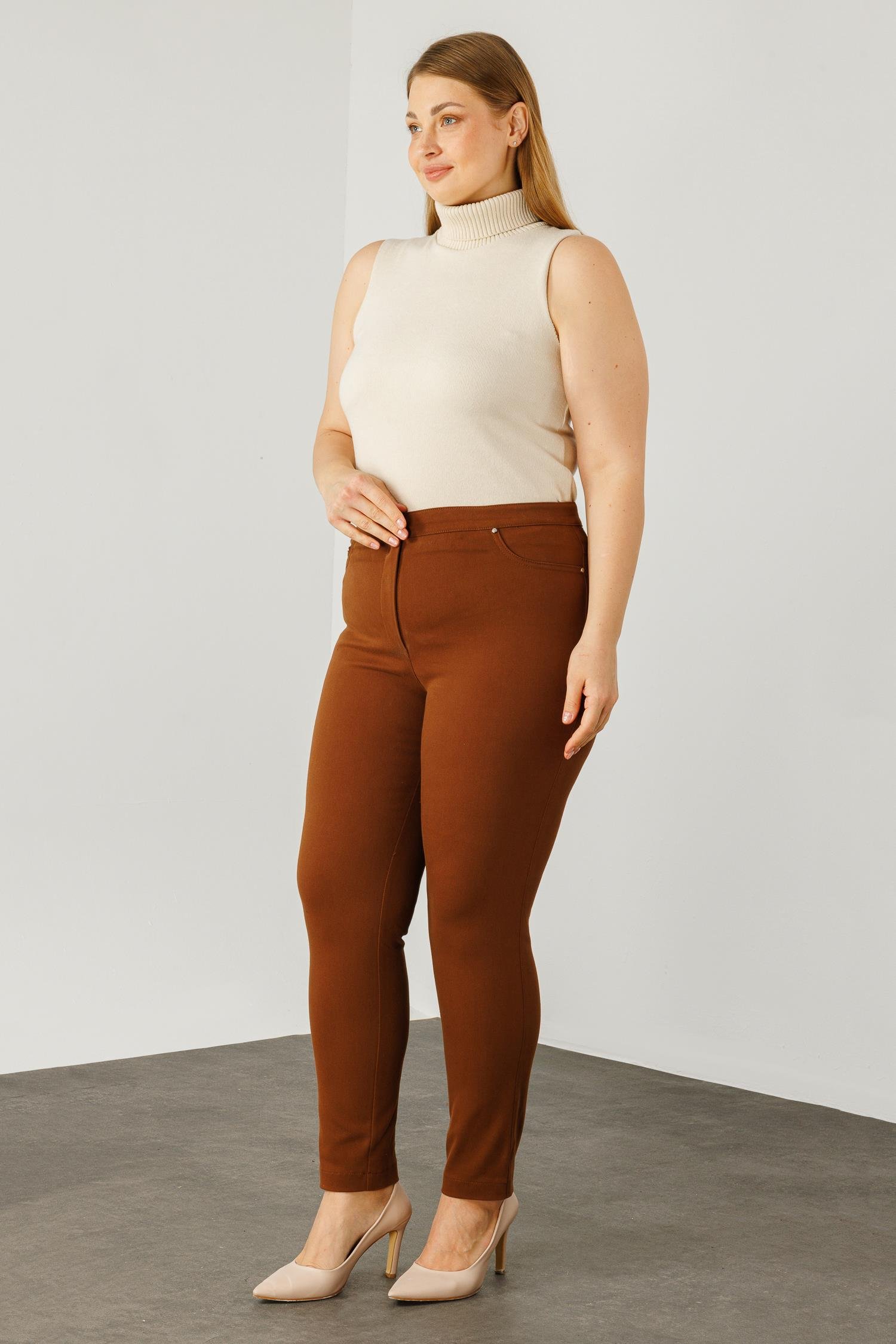 Modailgi  Beli Lastikli Beş Cep Kanvas Pantolon Taba