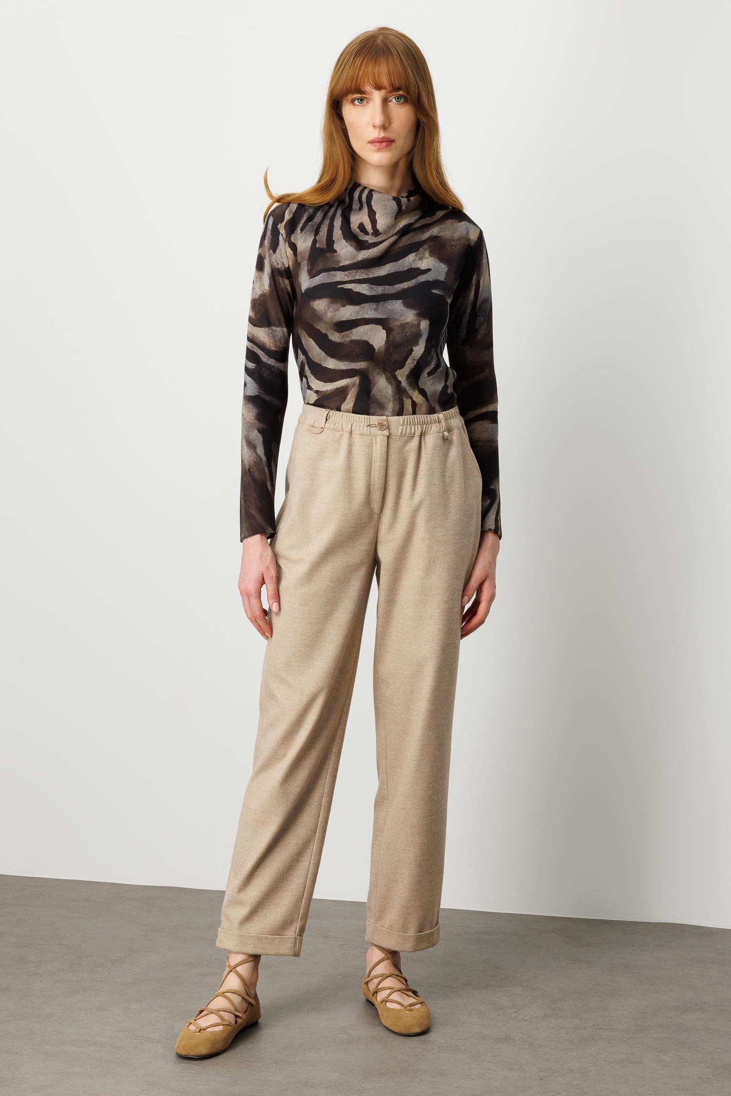 Modailgi  Beli Lastikli Duble Paça Yüksek Bel Havuç Paça Pantolon  - 70047 Vizon