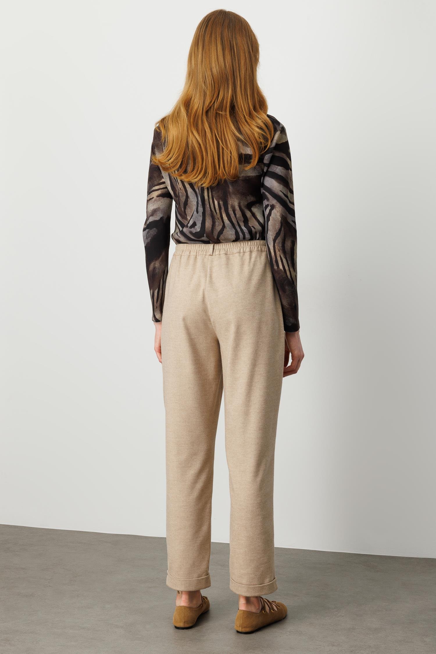 Modailgi  Beli Lastikli Duble Paça Yüksek Bel Havuç Paça Pantolon  - 70047 Vizon