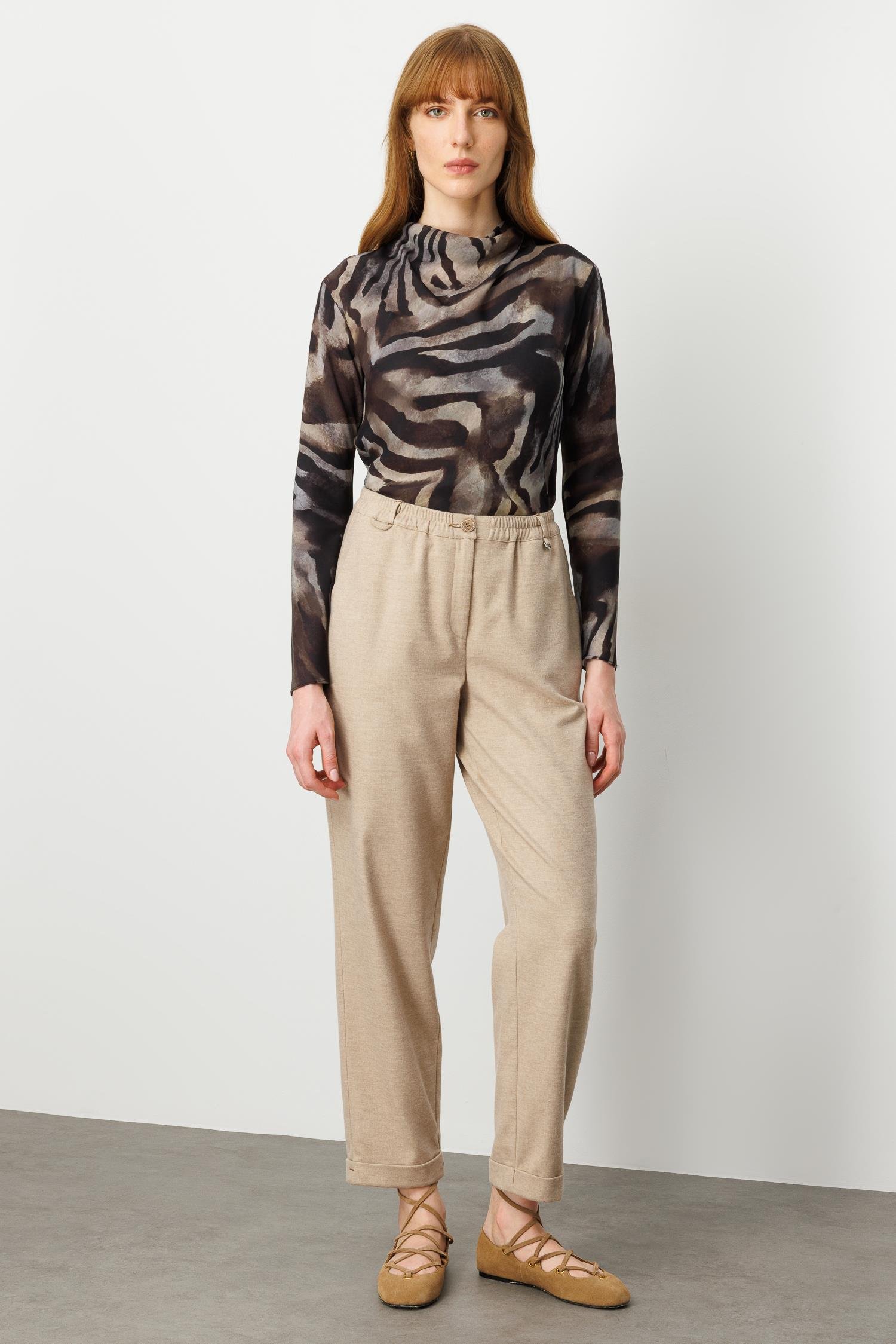 Modailgi  Beli Lastikli Duble Paça Yüksek Bel Havuç Paça Pantolon  - 70047 Vizon