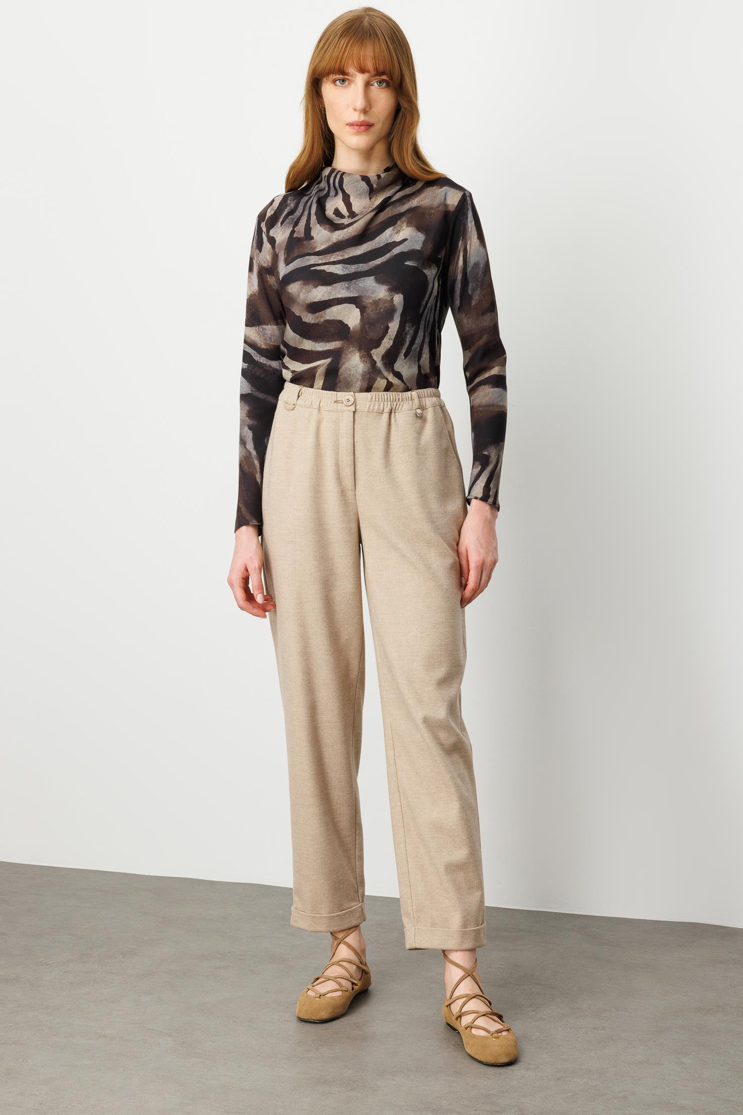 Modailgi  Beli Lastikli Duble Paça Yüksek Bel Havuç Paça Pantolon  - 70047 Vizon