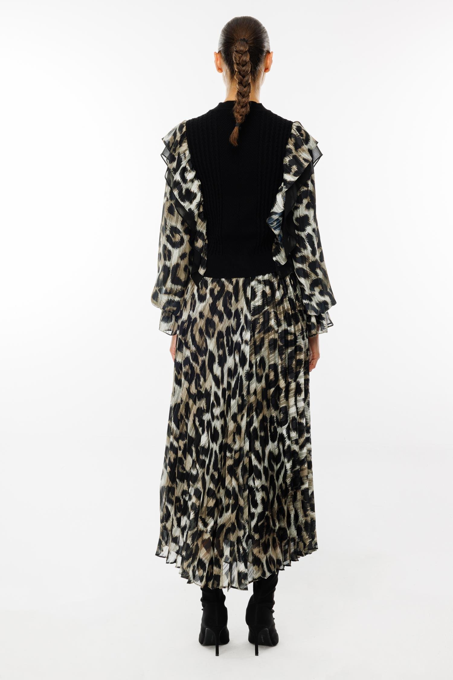 Modailgi  Beli Lastikli Leopar Desenli Plisoley Etek - 1020 Haki