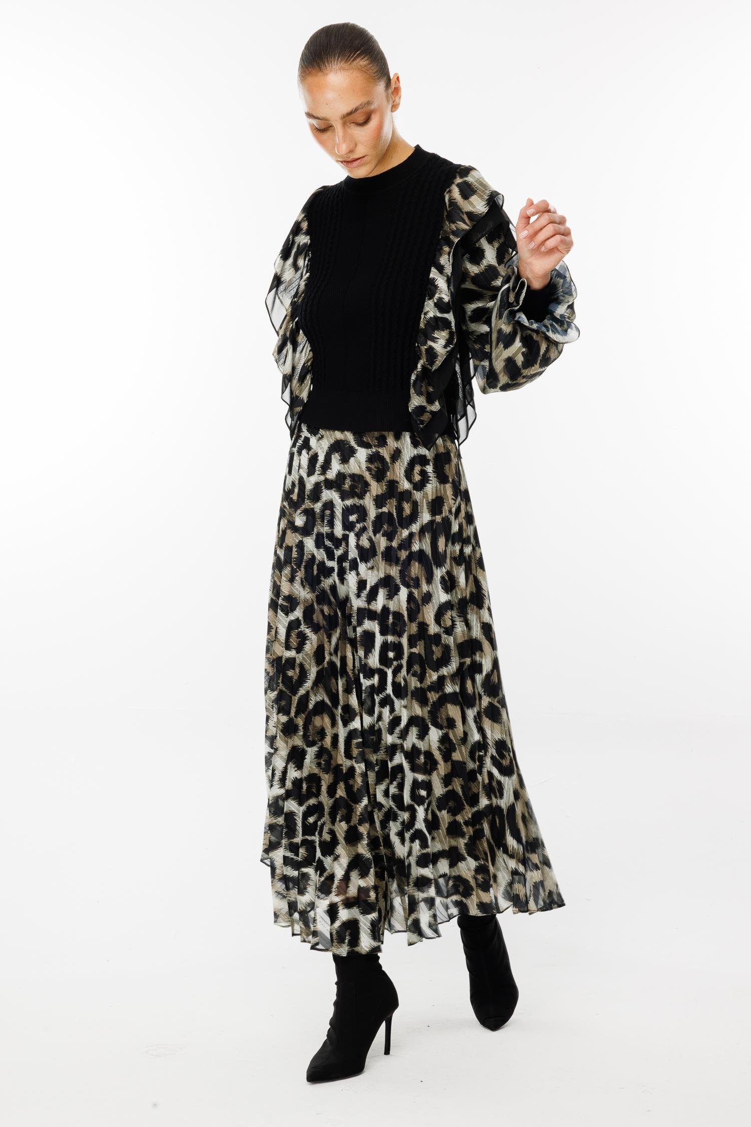 Modailgi  Beli Lastikli Leopar Desenli Plisoley Etek - 1020 Haki