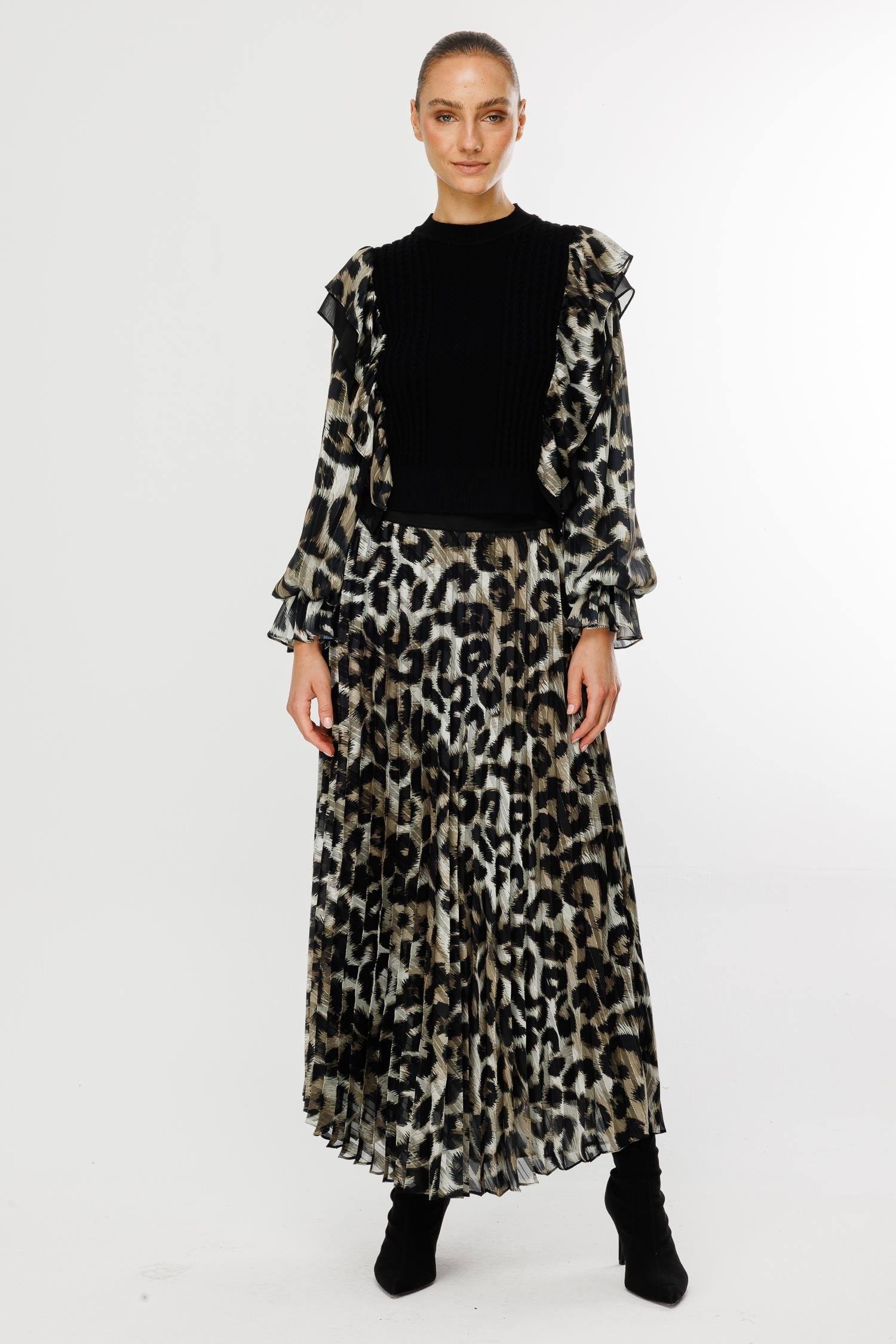 Modailgi  Beli Lastikli Leopar Desenli Plisoley Etek - 1020 Haki