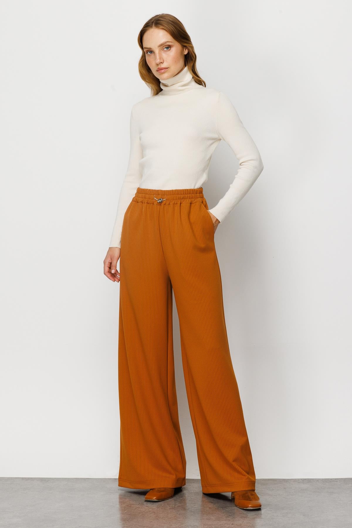 Modailgi  Beli Lastikli Örme Pantolon Tarçın