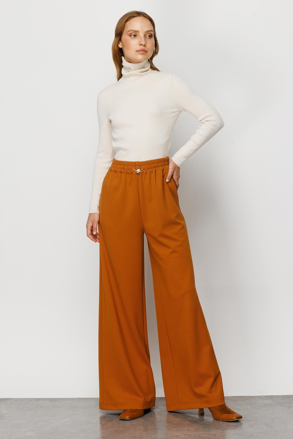 Modailgi  Beli Lastikli Örme Pantolon Tarçın