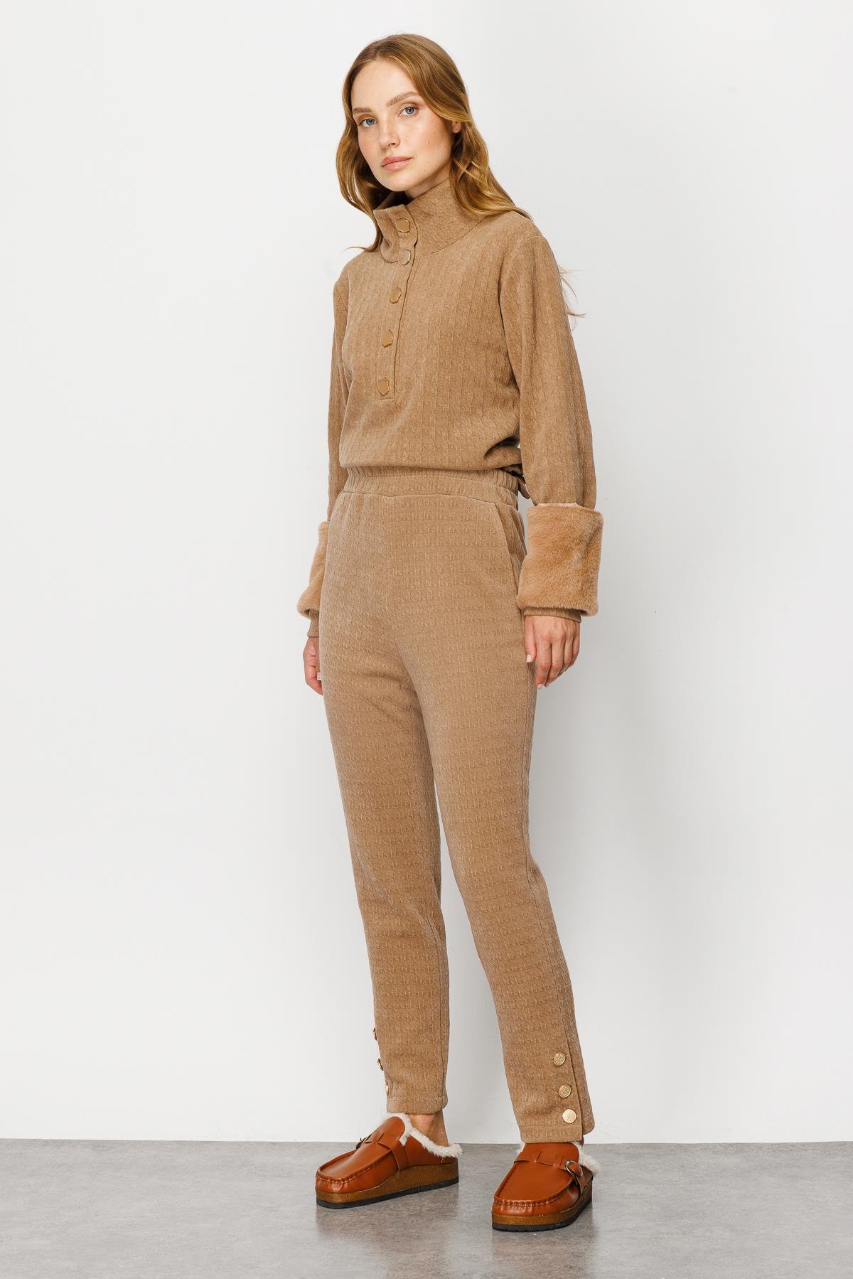 Modailgi  Beli Lastikli Paçası Düğmeli Örme Pantolon Camel