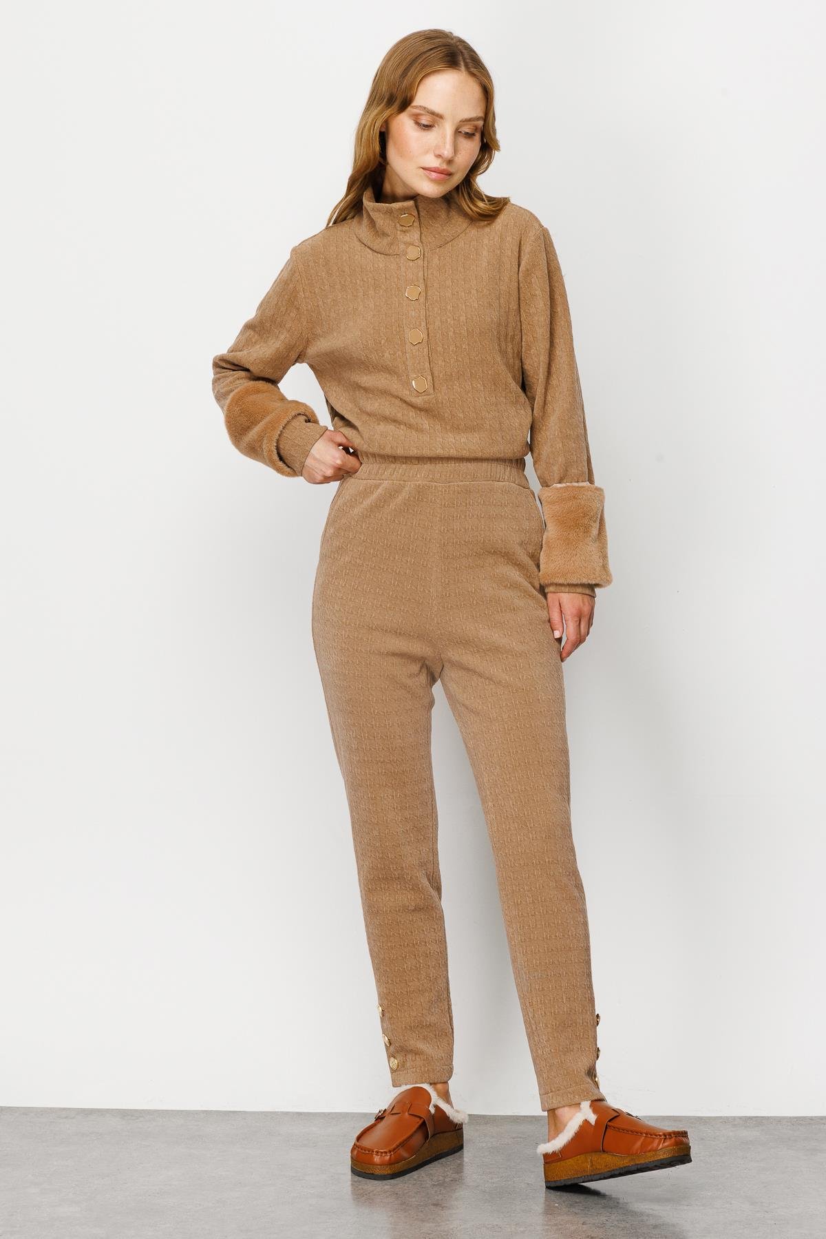 Modailgi  Beli Lastikli Paçası Düğmeli Örme Pantolon Camel