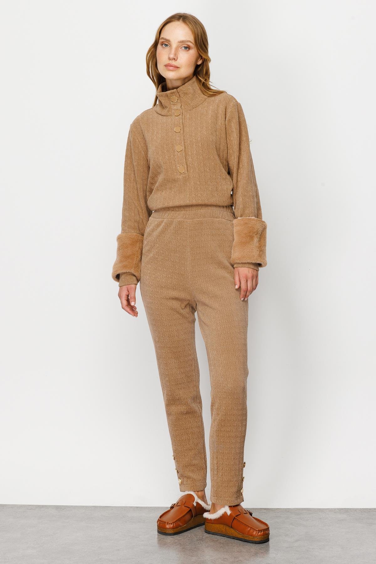 Modailgi  Beli Lastikli Paçası Düğmeli Örme Pantolon Camel