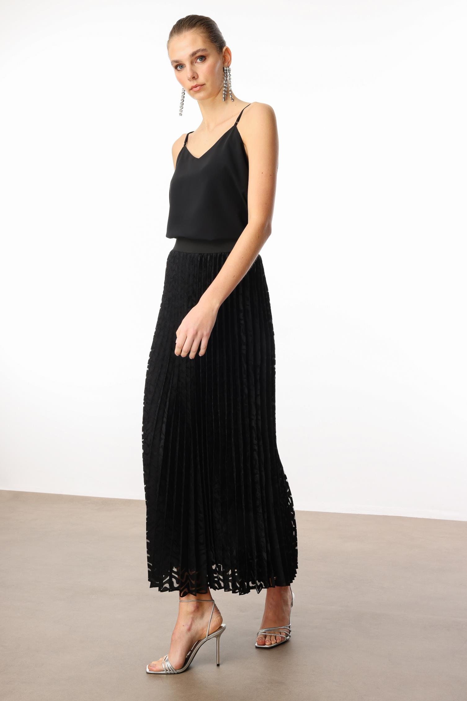 Modailgi  Beli Lastikli Plisoley Desenli Uzun Etek Siyah