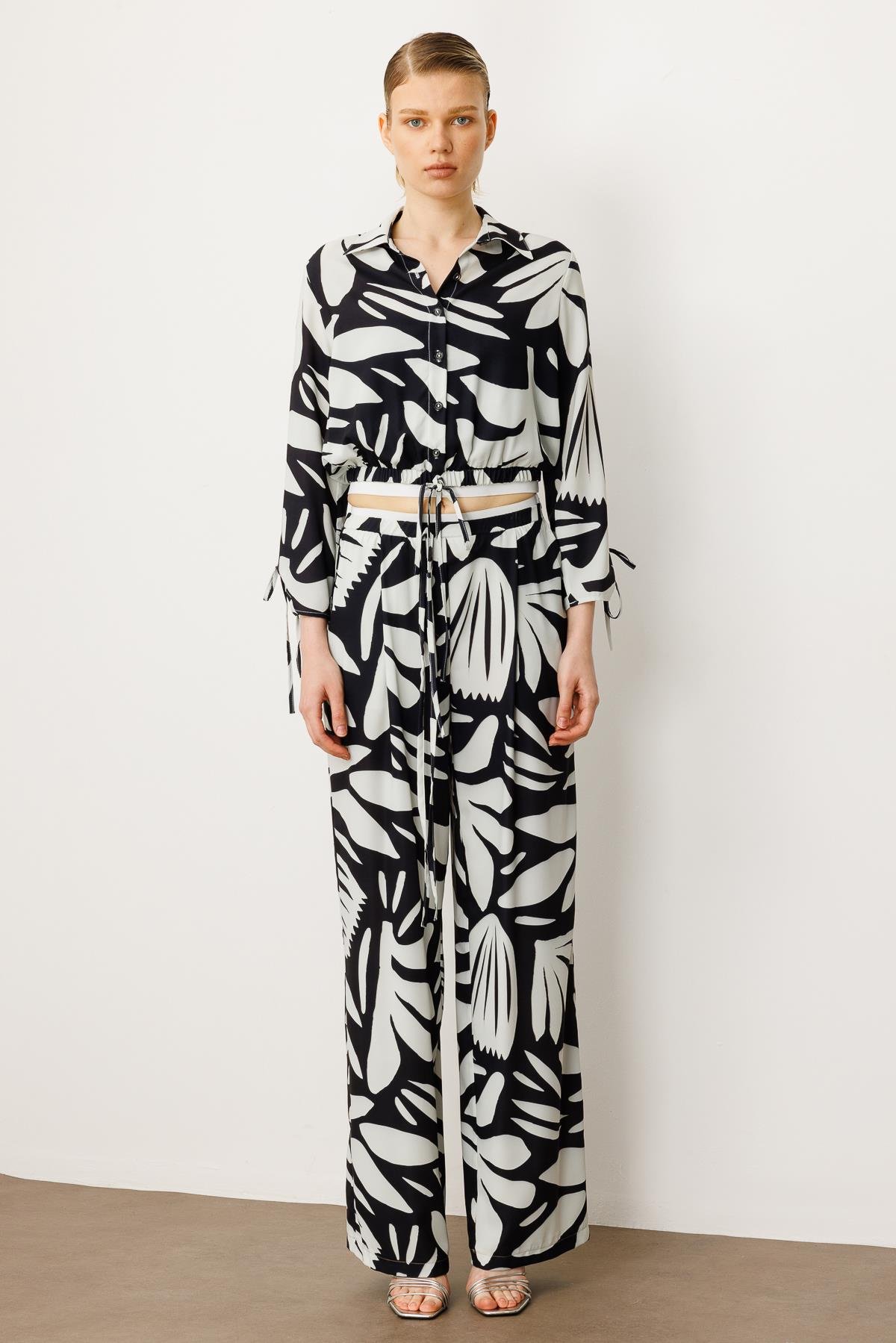 Modailgi  Beli Lastikli Şerit Detaylı Bağlamalı Bol Pantolon - 10065 Siyah