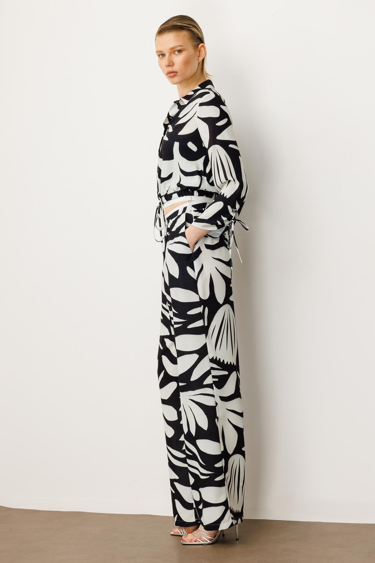 Modailgi  Beli Lastikli Şerit Detaylı Bağlamalı Bol Pantolon - 10065 Siyah