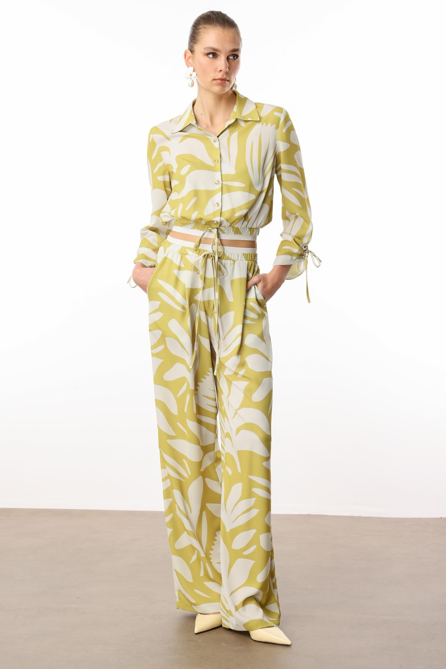 Modailgi  Beli Lastikli Şerit Detaylı Bağlamalı Bol Pantolon - 10065 Asit