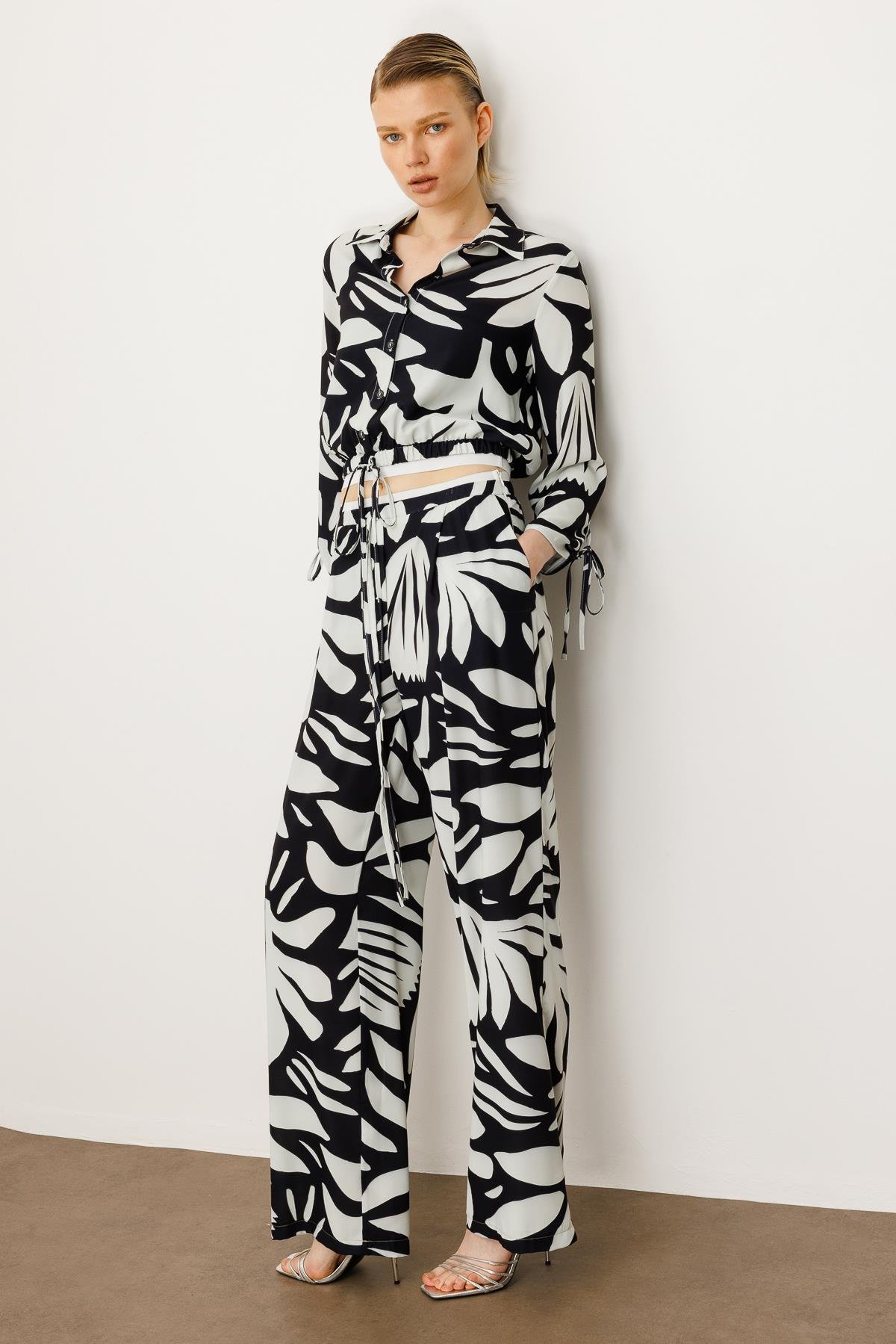 Modailgi  Beli Lastikli Şerit Detaylı Bağlamalı Bol Pantolon - 10065 Siyah