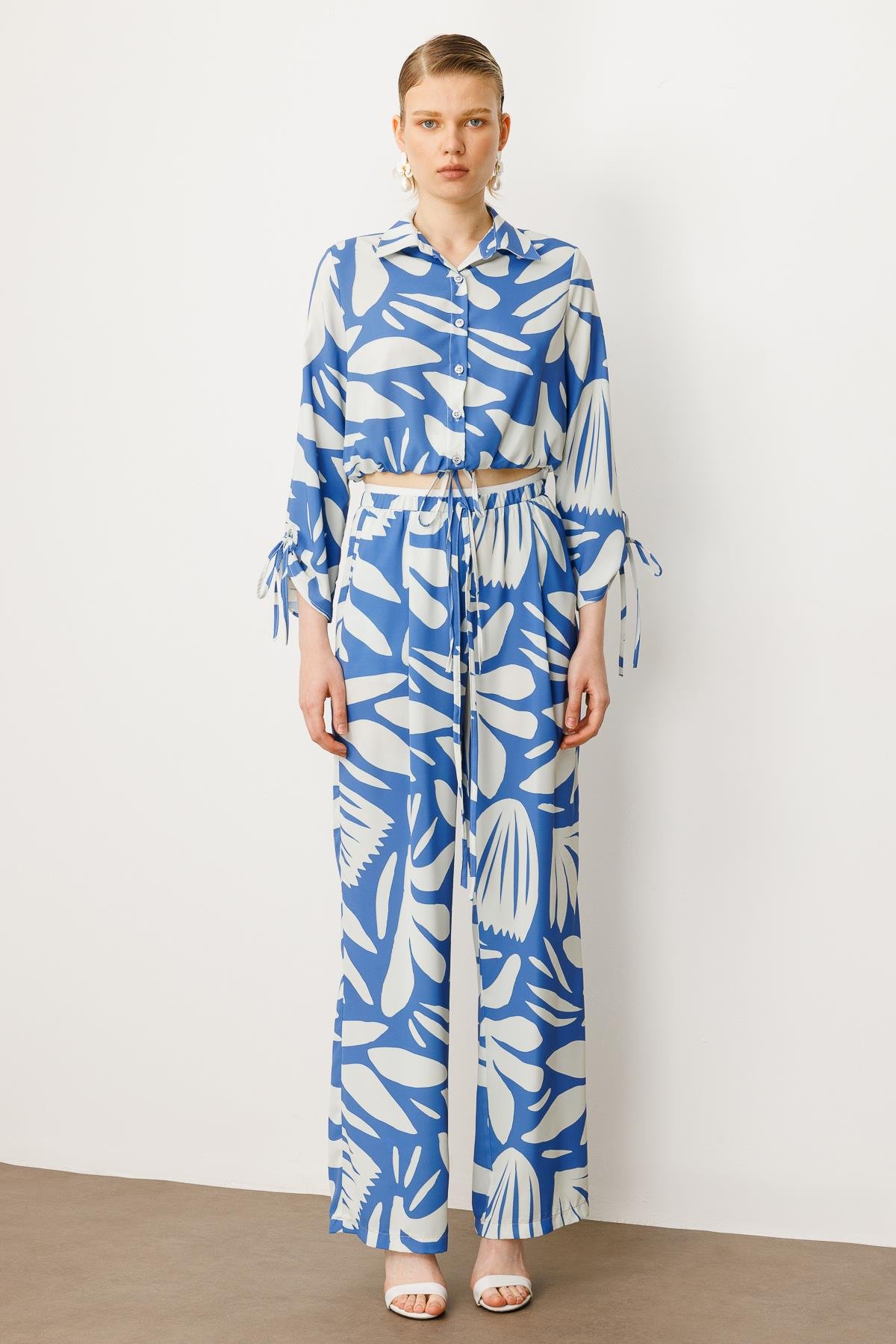 Modailgi  Beli Lastikli Şerit Detaylı Bağlamalı Bol Pantolon - 10065 İndigo