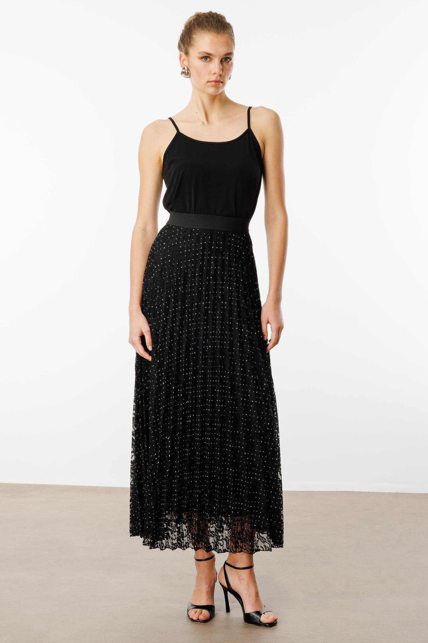 Modailgi  Beli Lastikli Taşlı Dantelli Plisoley Etek - 15077 Siyah