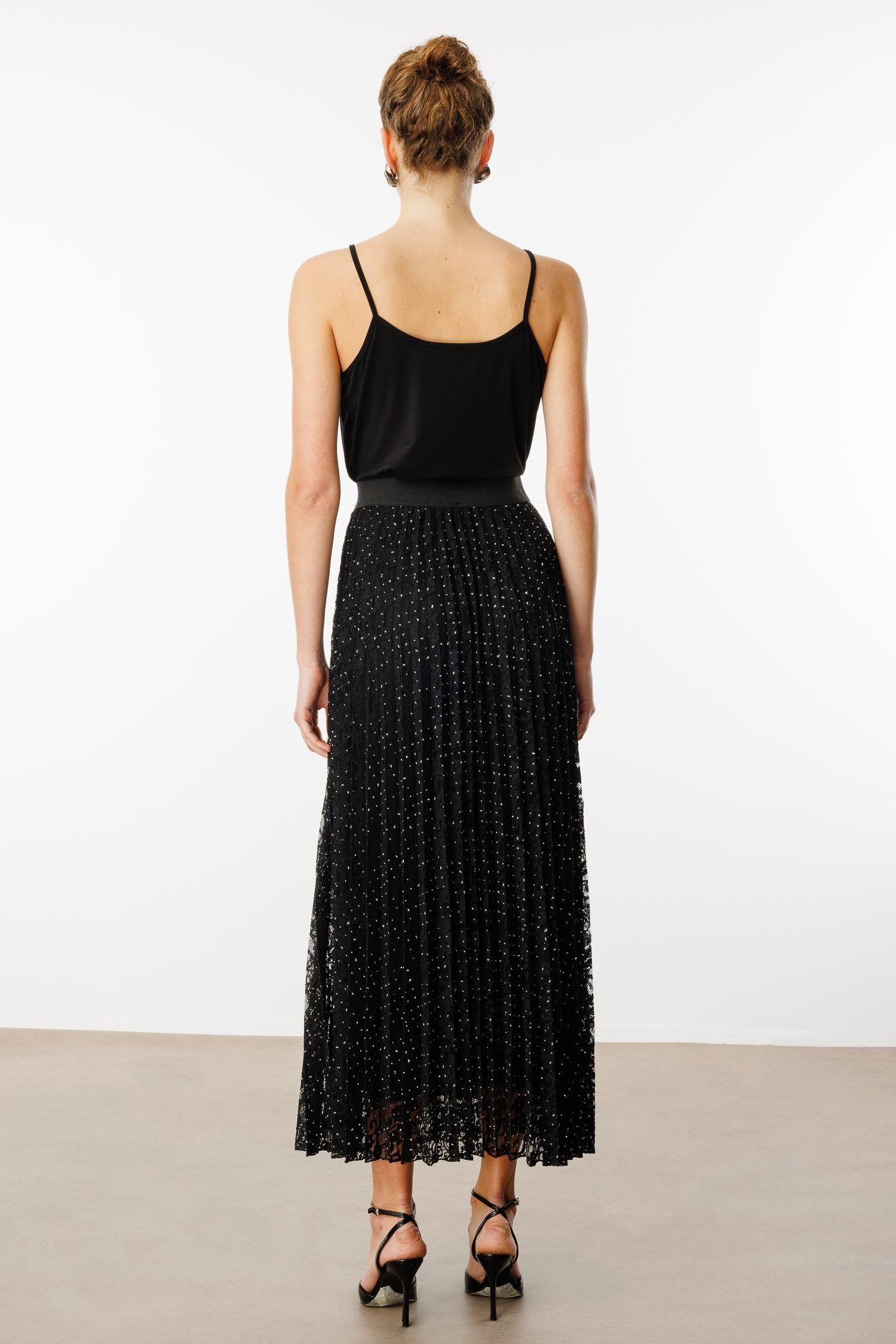 Modailgi  Beli Lastikli Taşlı Dantelli Plisoley Etek - 15077 Siyah