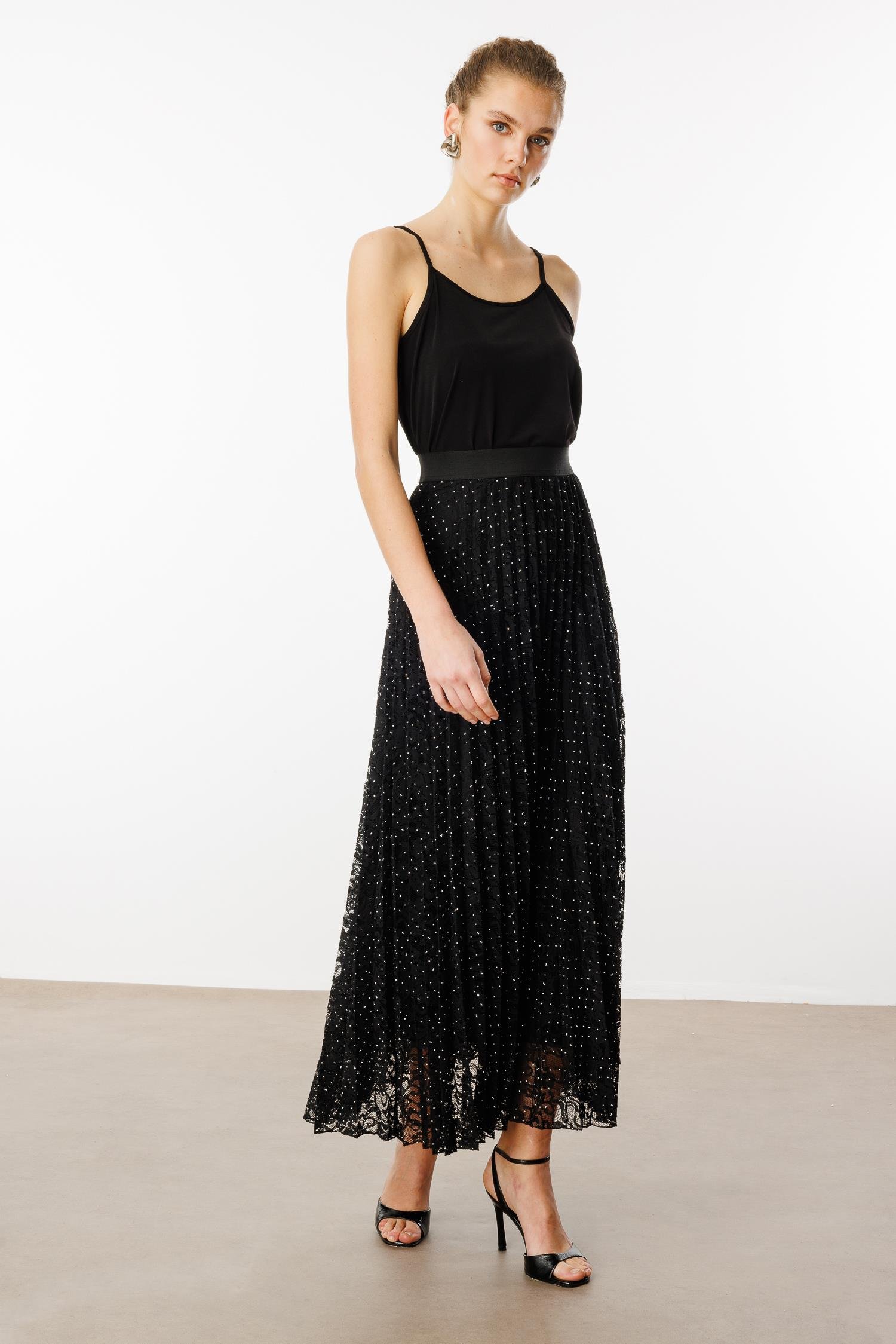 Modailgi  Beli Lastikli Taşlı Dantelli Plisoley Etek - 15077 Siyah