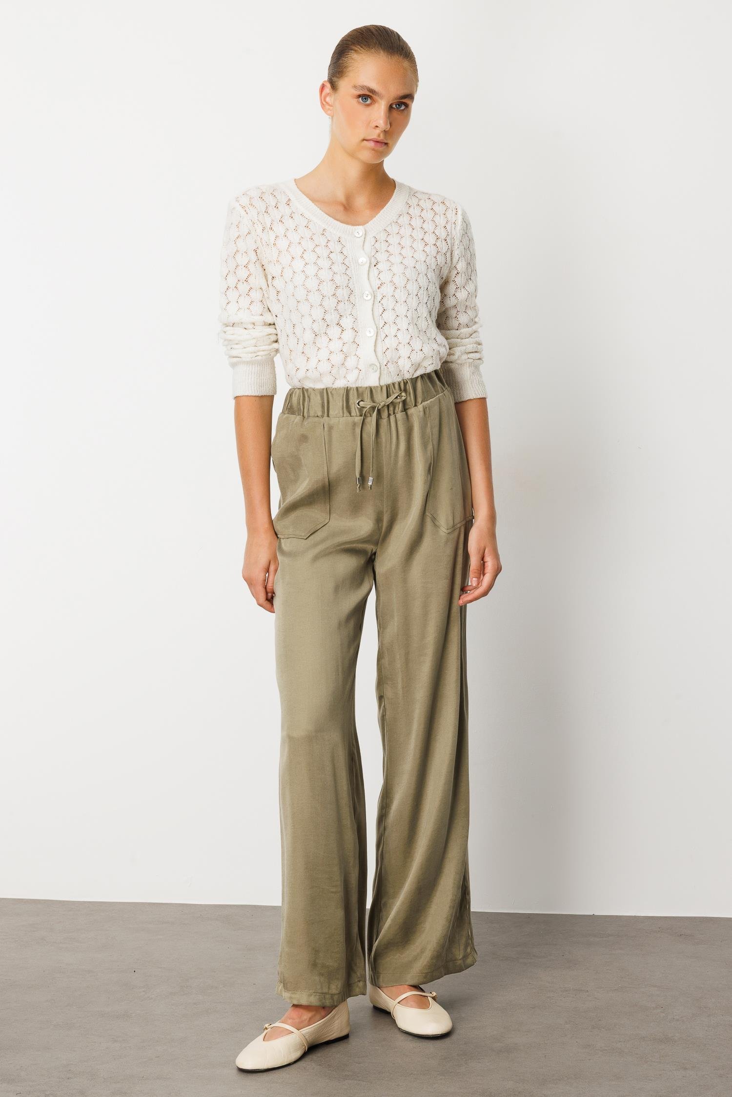 Modailgi  Beli Lastikli Torba Cepli Yüksek Bel Pantolon - 15039 Haki