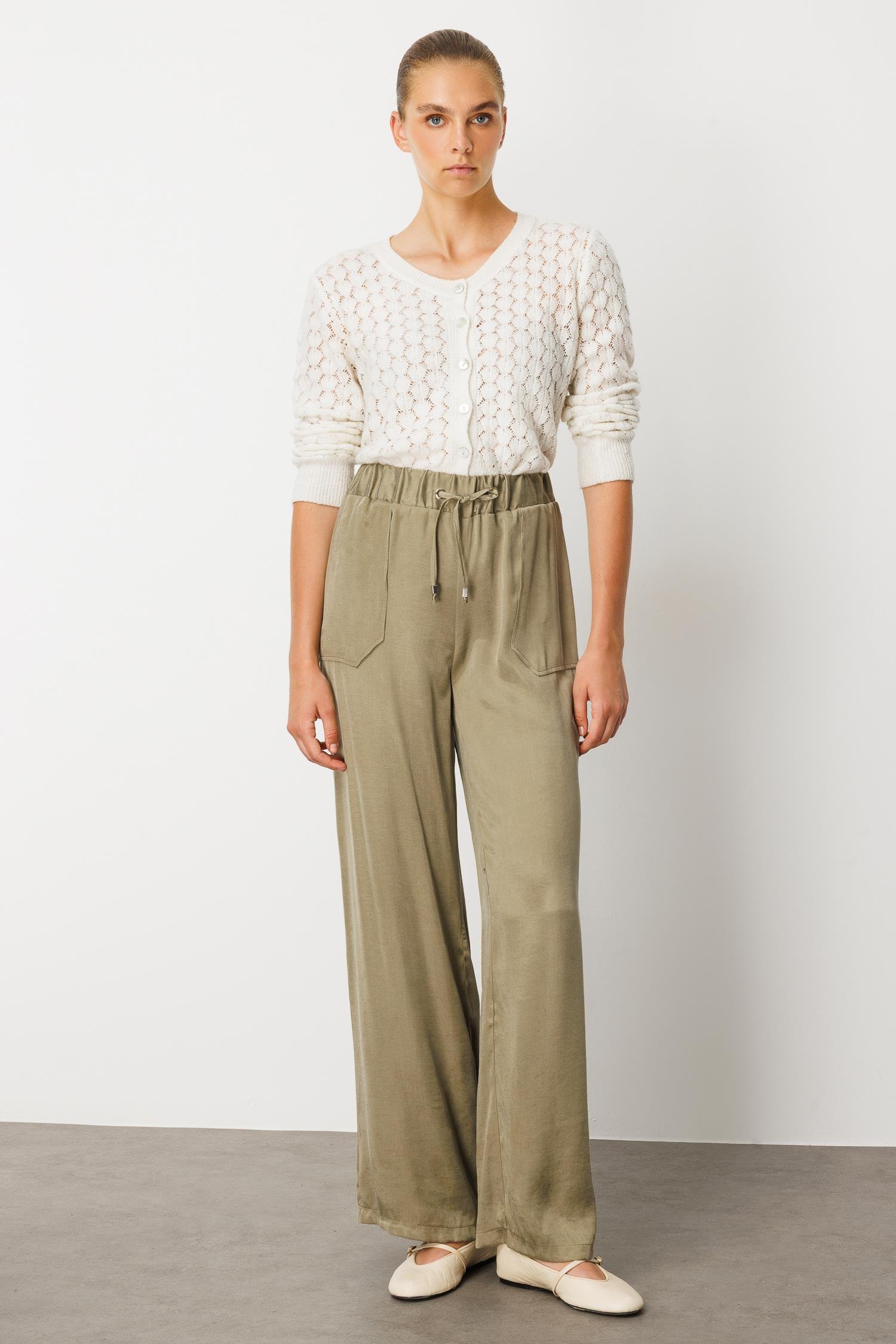 Modailgi  Beli Lastikli Torba Cepli Yüksek Bel Pantolon - 15039 Haki