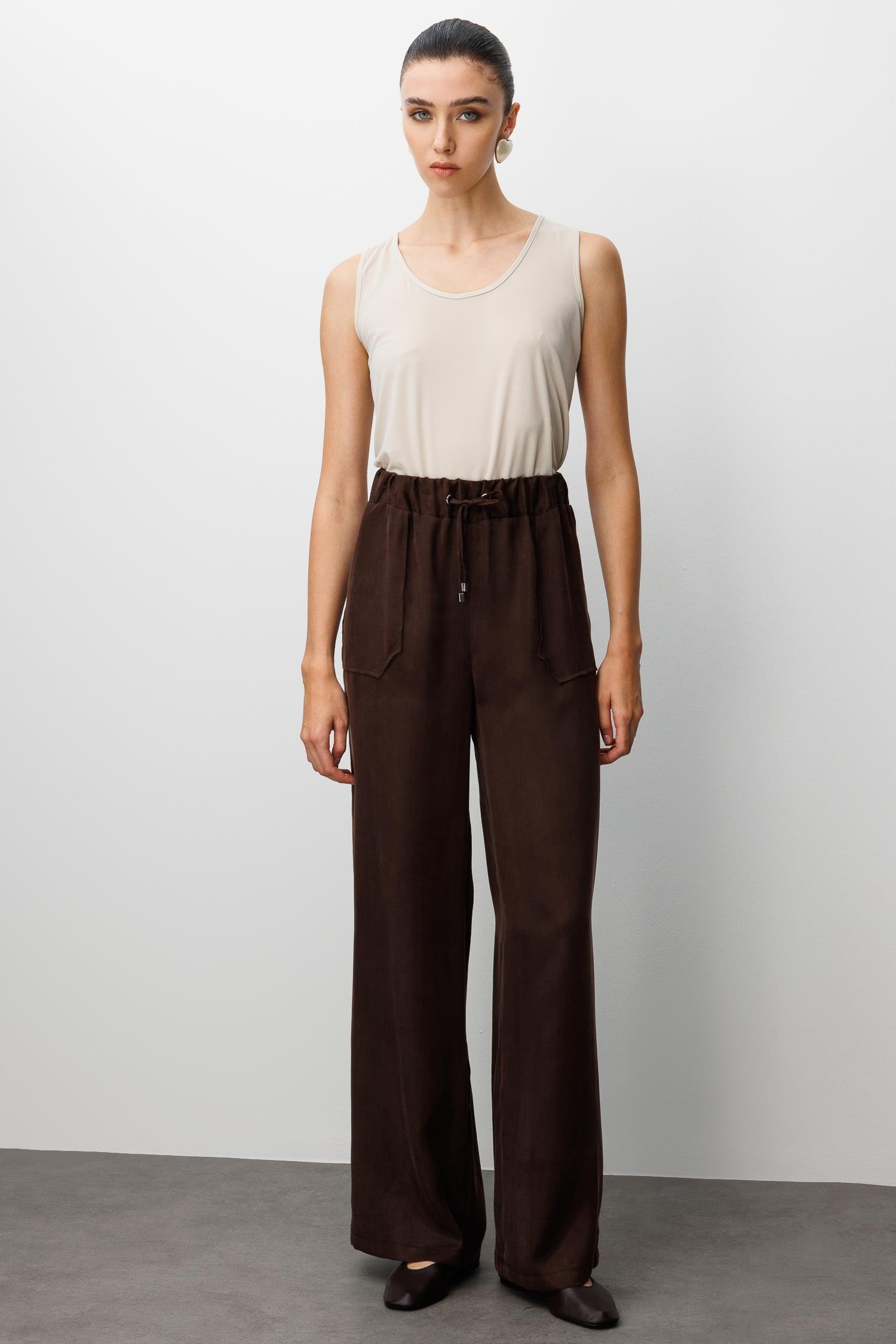 Modailgi  Beli Lastikli Torba Cepli Yüksek Bel Pantolon - 15039 Kahve