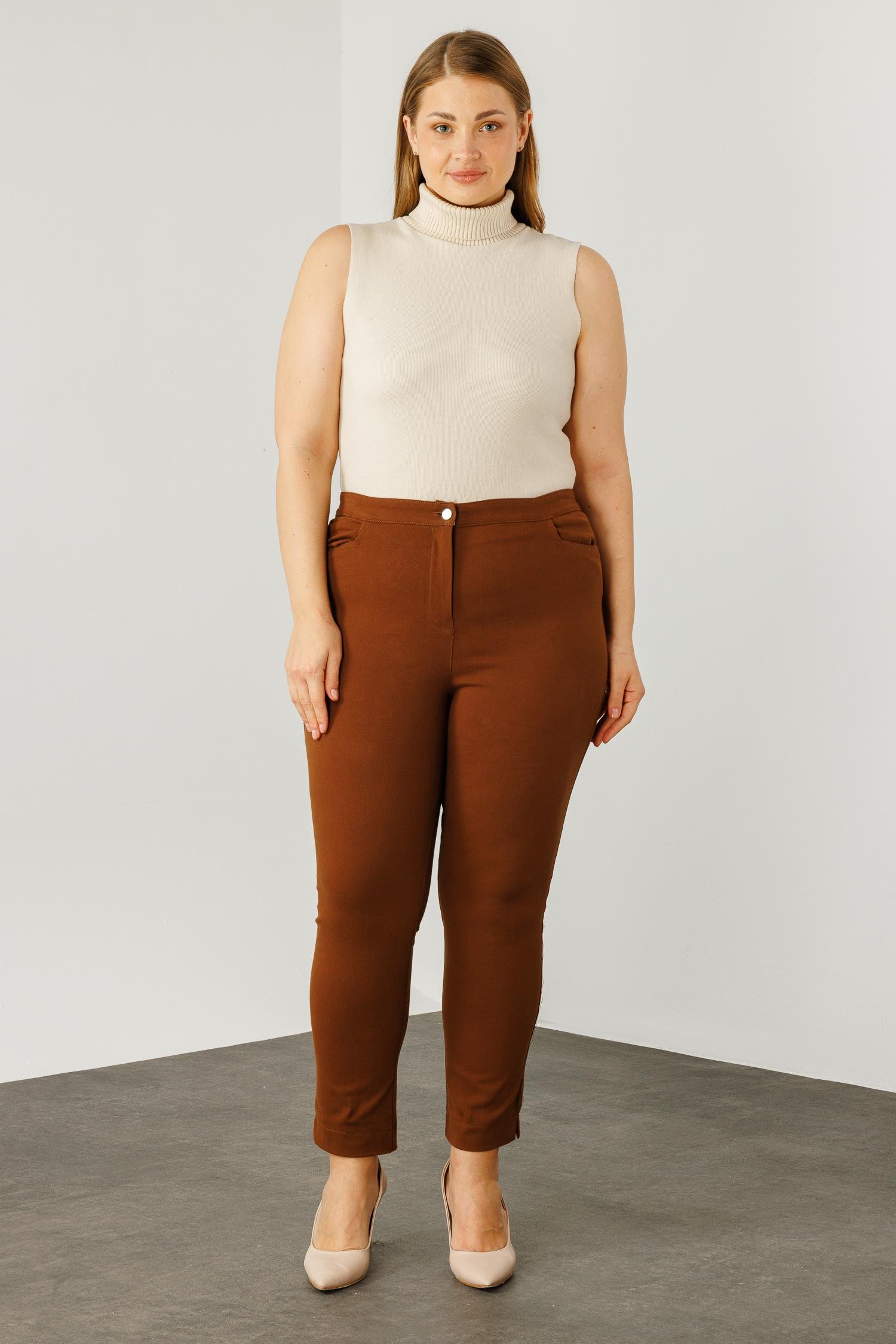 Modailgi  Beli Lastikli Yan Cep Kanvas Pantolon Taba