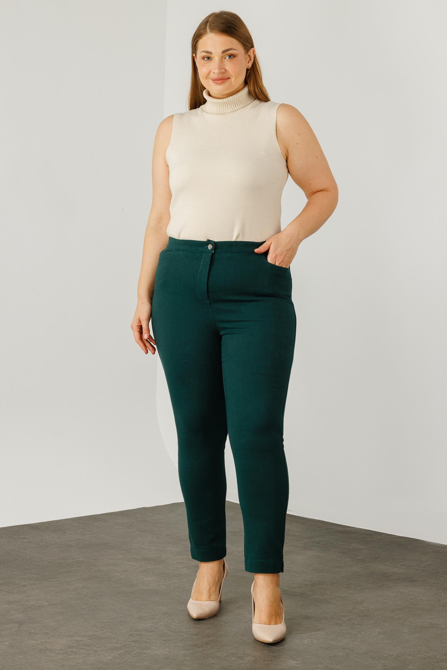 Modailgi  Beli Lastikli Yan Cep Kanvas Pantolon Zümrüt