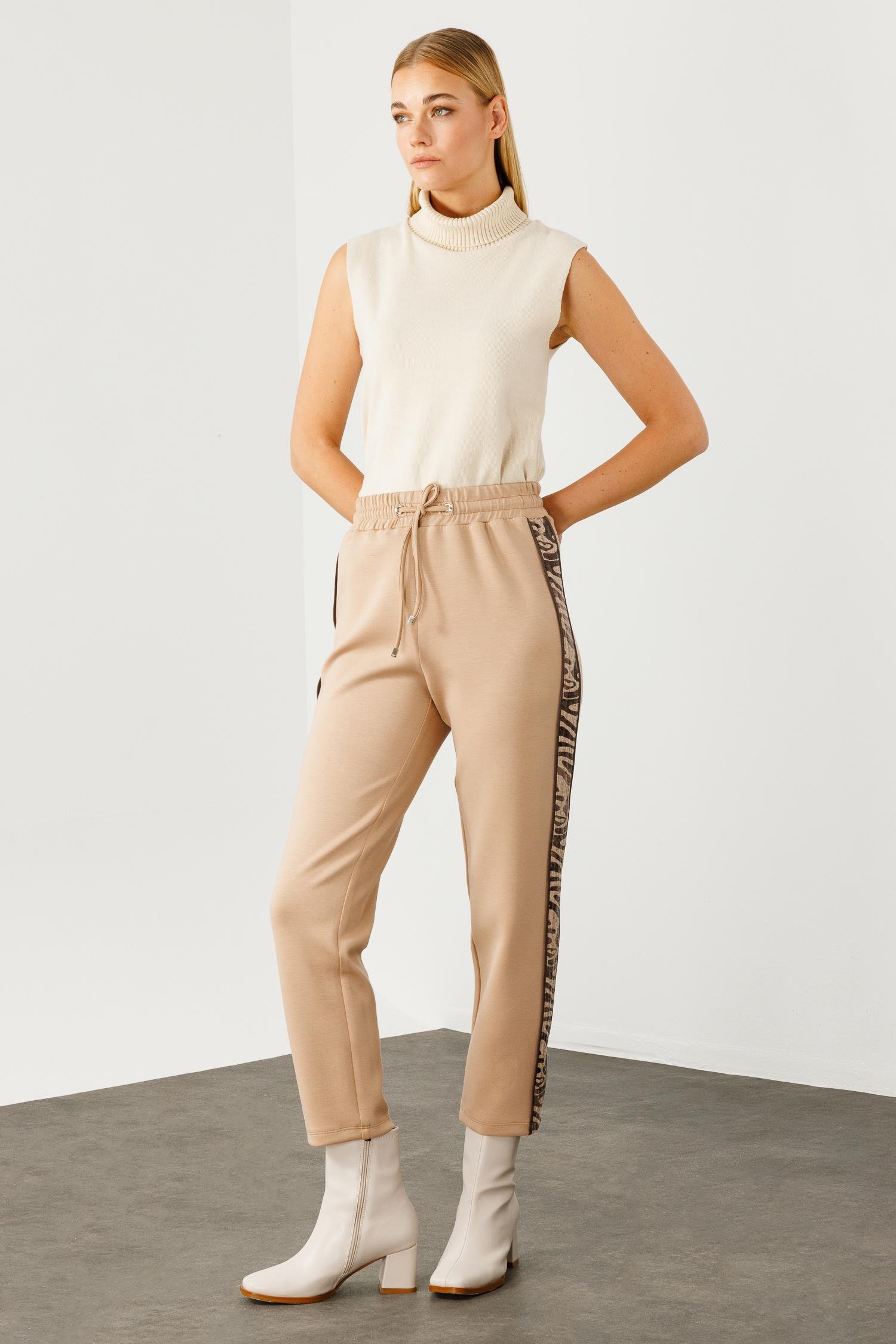 Modailgi  Beli Lastikli Yandan Bantlı Örme Pantolon - 1624 Camel