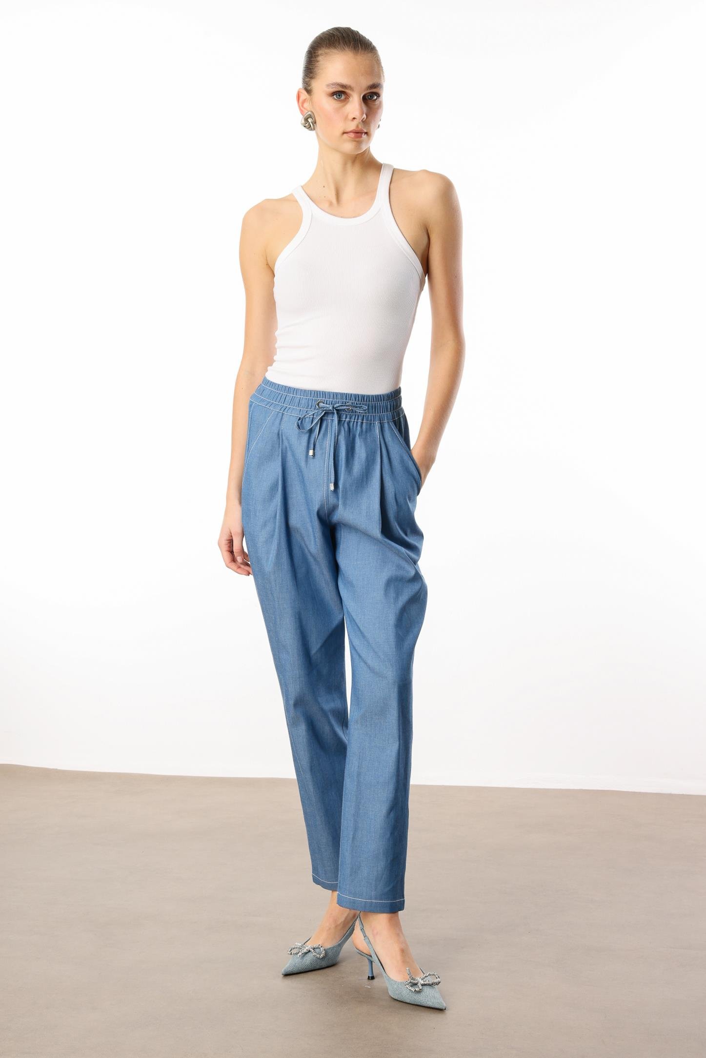 Modailgi  Beli Lastikli Yandan Cepli Pantolon - 15003 Mavi