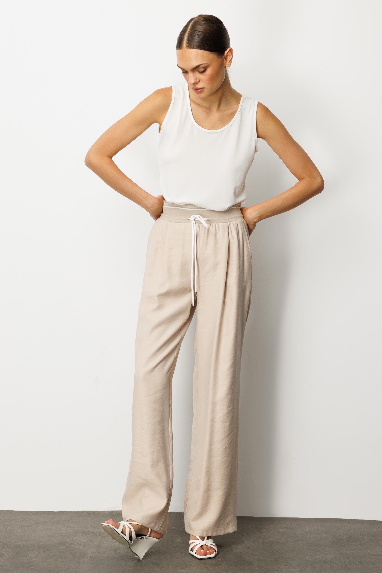 Modailgi  Beli Ribanalı Pileli Yan Cepli Yüksek Bel Bol Pantolon - 15020,10021 Taş