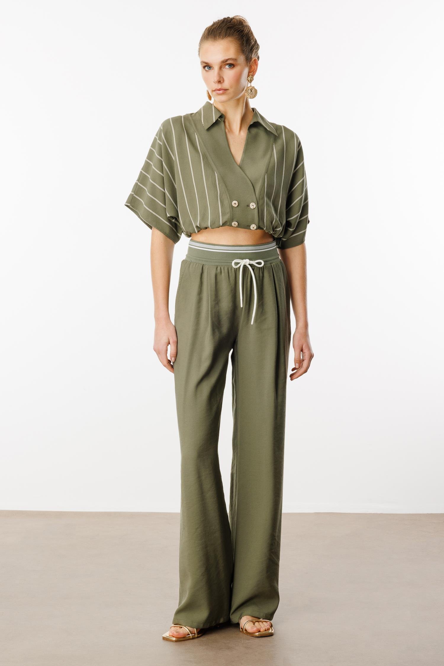 Modailgi  Beli Ribanalı Pileli Yan Cepli Yüksek Bel Bol Pantolon - 15020,10021 Haki