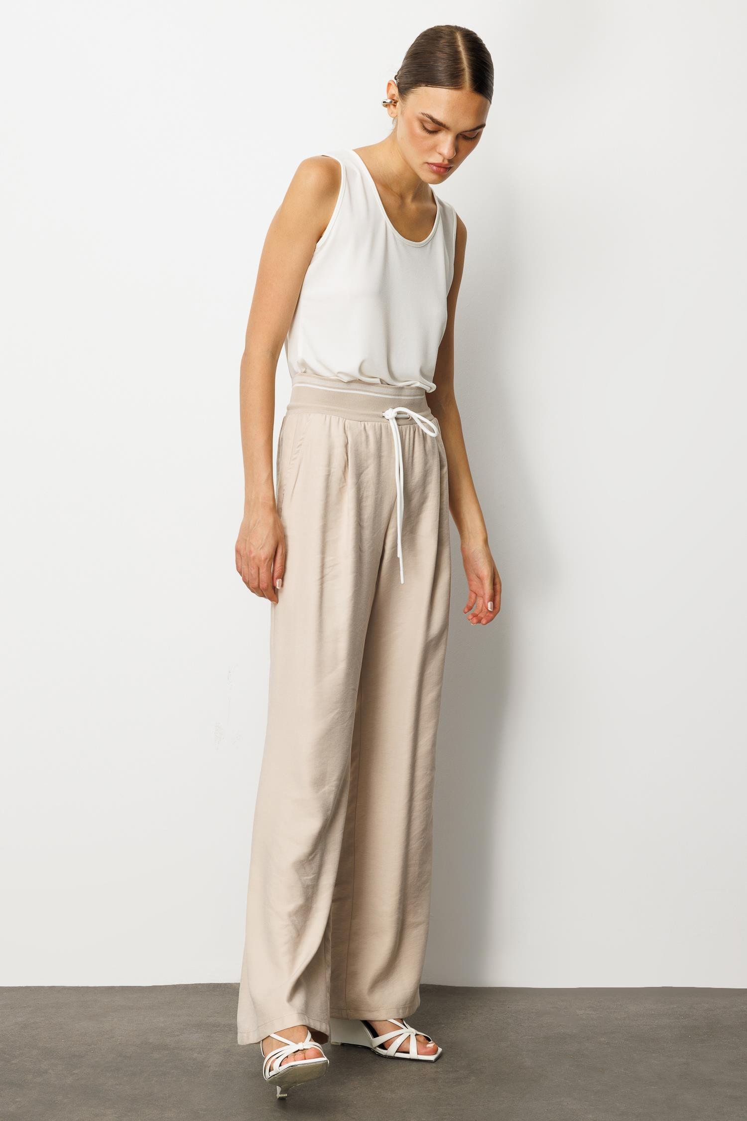 Modailgi  Beli Ribanalı Pileli Yan Cepli Yüksek Bel Bol Pantolon - 15020,10021 Taş