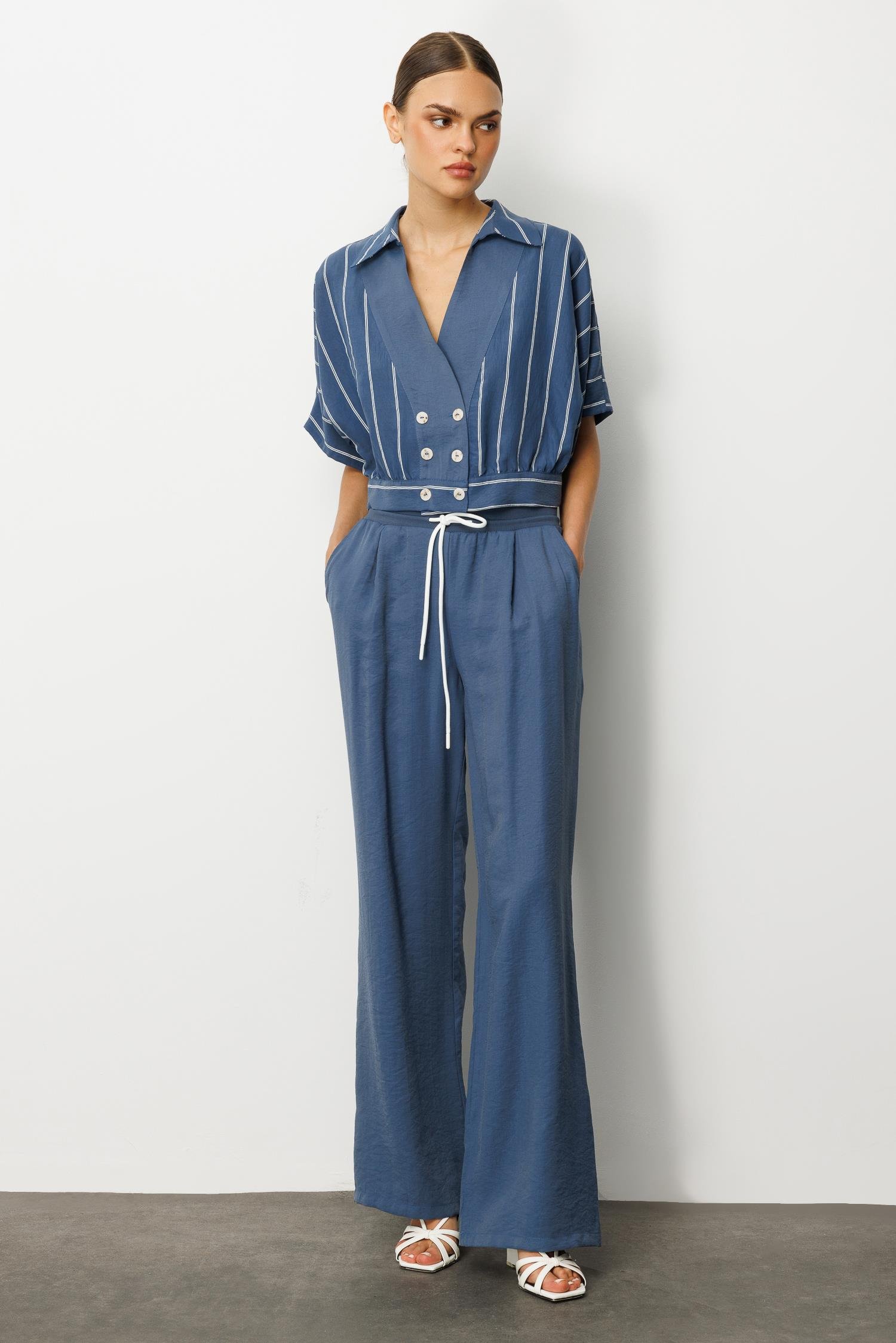 Modailgi  Beli Ribanalı Pileli Yan Cepli Yüksek Bel Bol Pantolon - 15020,10021 İndigo