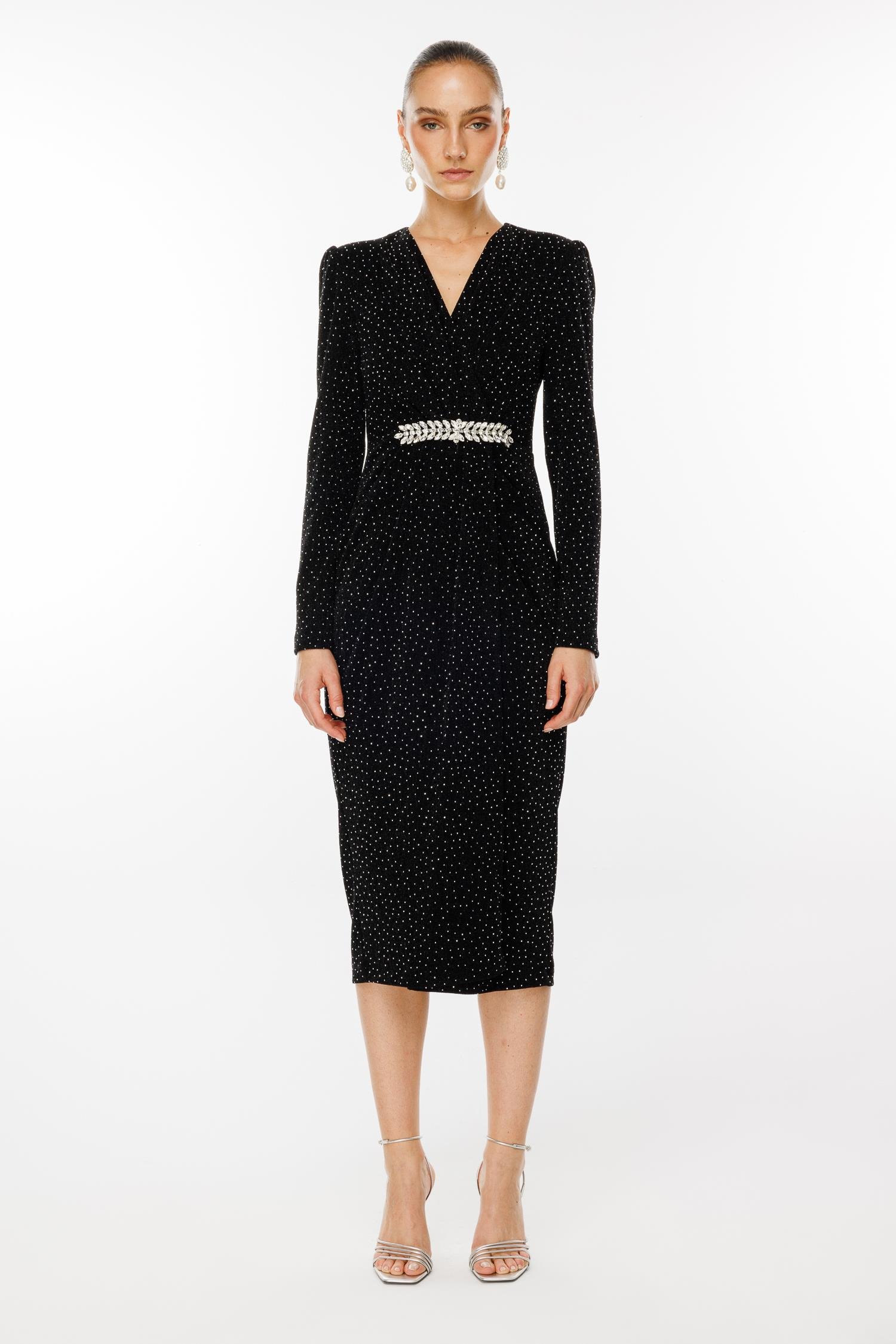 Modailgi  Beli Taş Aksesuarlı Kruvaze Taşlı Örme Elbise Siyah