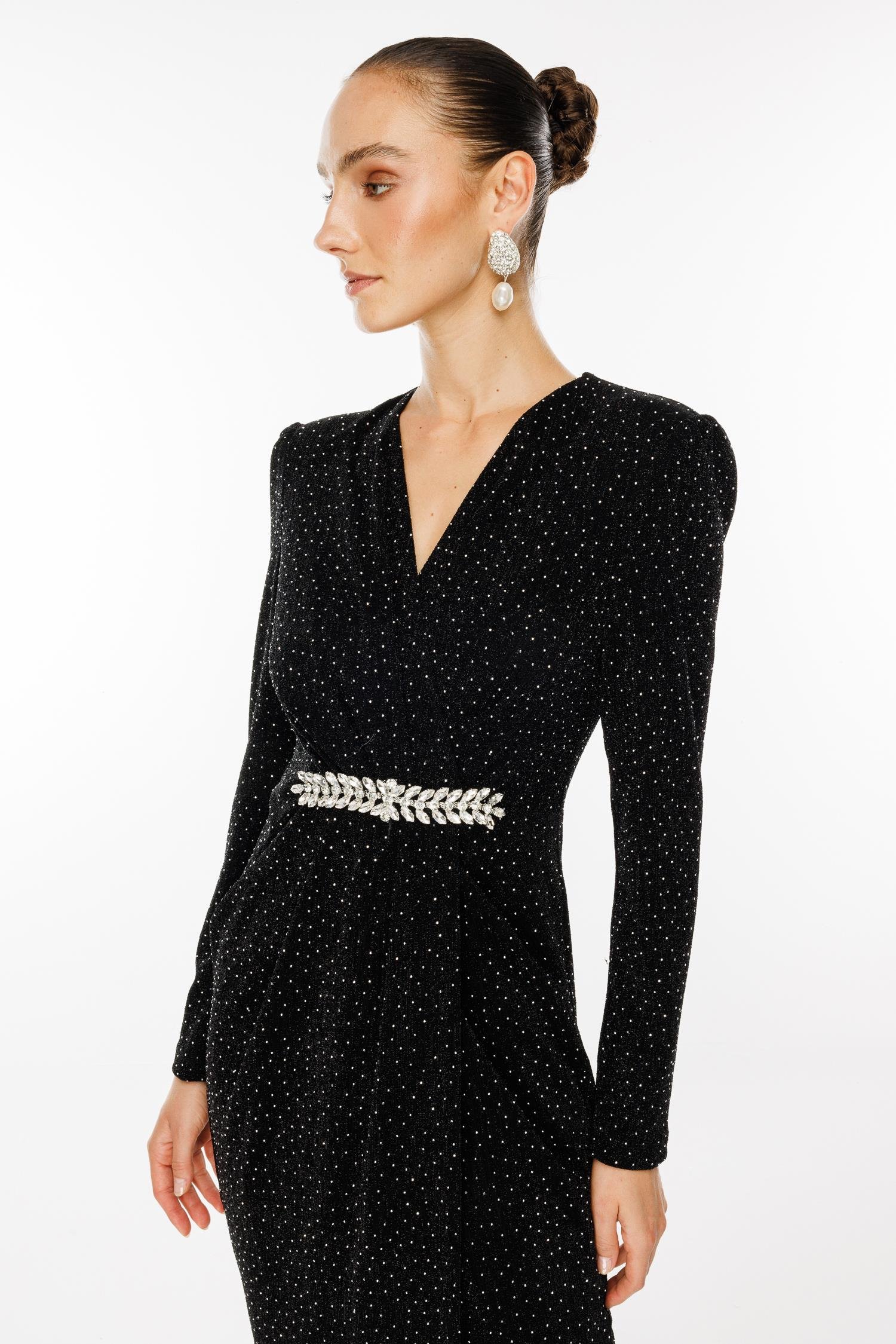 Modailgi  Beli Taş Aksesuarlı Kruvaze Taşlı Örme Elbise Siyah